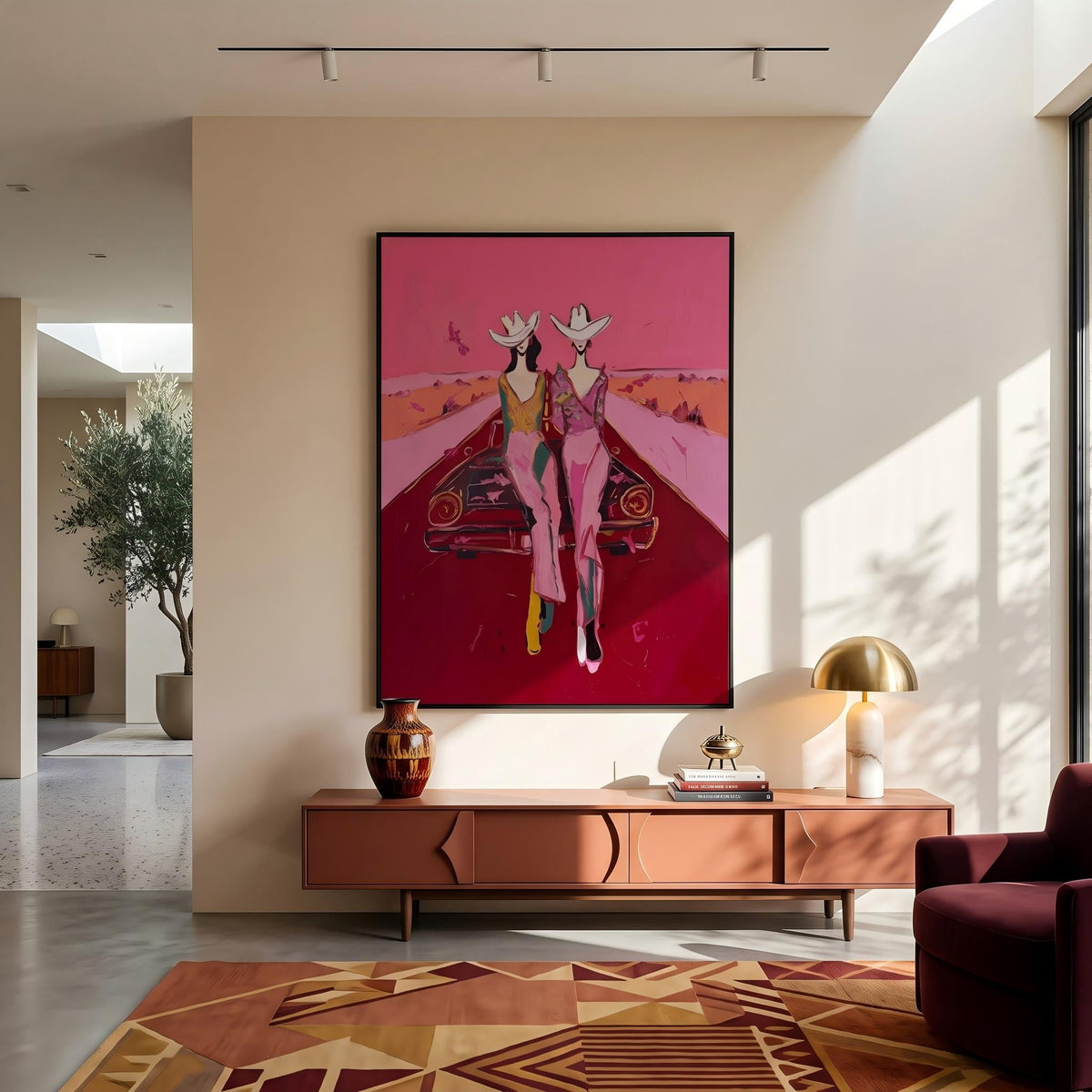 "Cowgirls on the Road" - Modern Heavy Impasto Abstract Artwork | Pink Palette Knife Painting | Luxury Vertical Wall Art #PT 2652