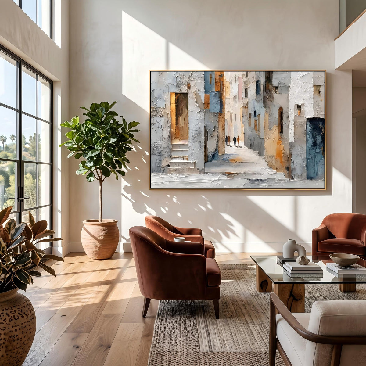 "European Old Town Street" - Modern Heavy Impasto Abstract Artwork | Beige & Grey Palette Knife Painting | Luxury Horizontal Wall Art #PT 2628