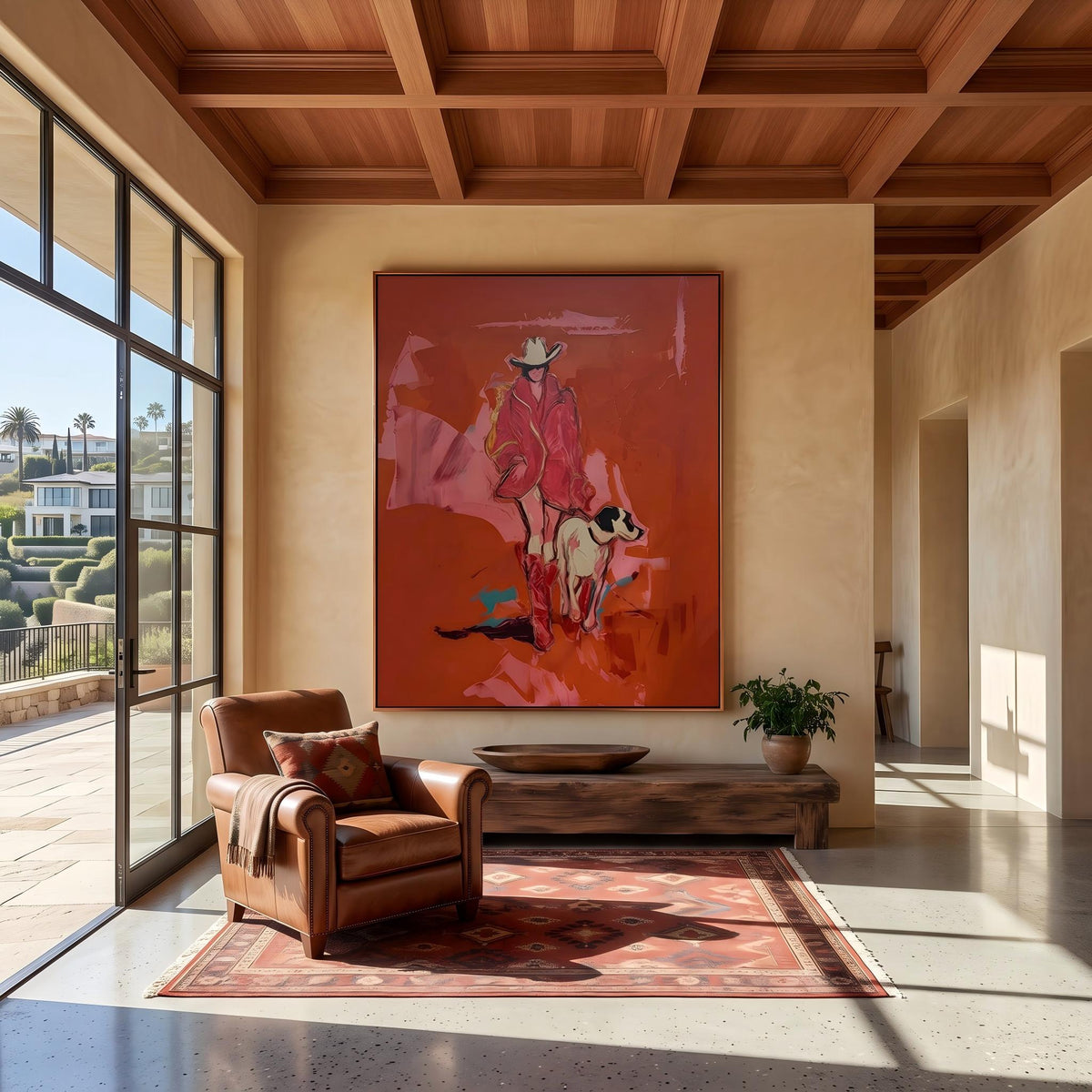 "Cowgirl and Dog" - Modern Heavy Impasto Dog Portrait Artwork | Pink Palette Knife Painting | Luxury Vertical Wall Art #PT 2650