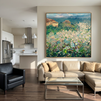 This 100% hand-painted impressionist landscape features a Tuscan-style hamlet beyond a field of soft ivory blossoms and layered green foliage. Thick palette-knife texture gives the scene depth and a hand-crafted surface that feels warm, airy, and collected.