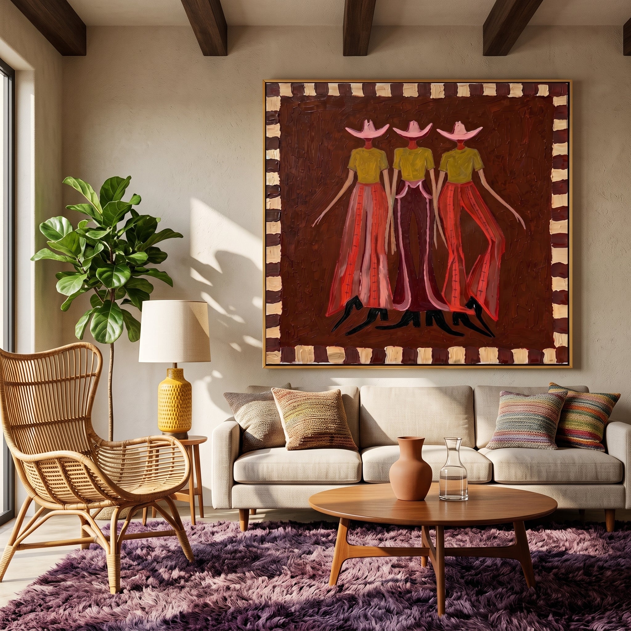 "Trio Retro Cowgirl Figures" – Modern Heavy Impasto Folk Western Figurative | 3D Cocoa Umber & Blush Terracotta Palette Knife Painting | Luxury Square Wall Art #AB 524