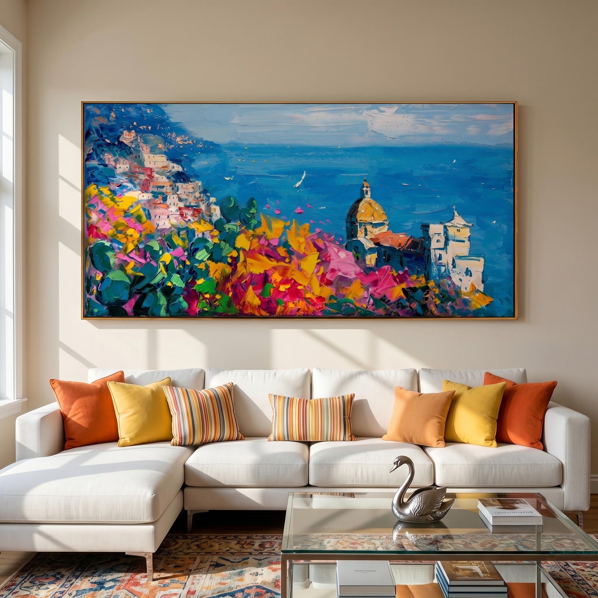 "Mediterranean Cliffside Floral Village" - Modern Heavy Impasto Coastal Landscape | 3D Azure Ocean & Fuchsia Floral Palette Knife Painting | Luxury Horizontal Wall Art #PT 581