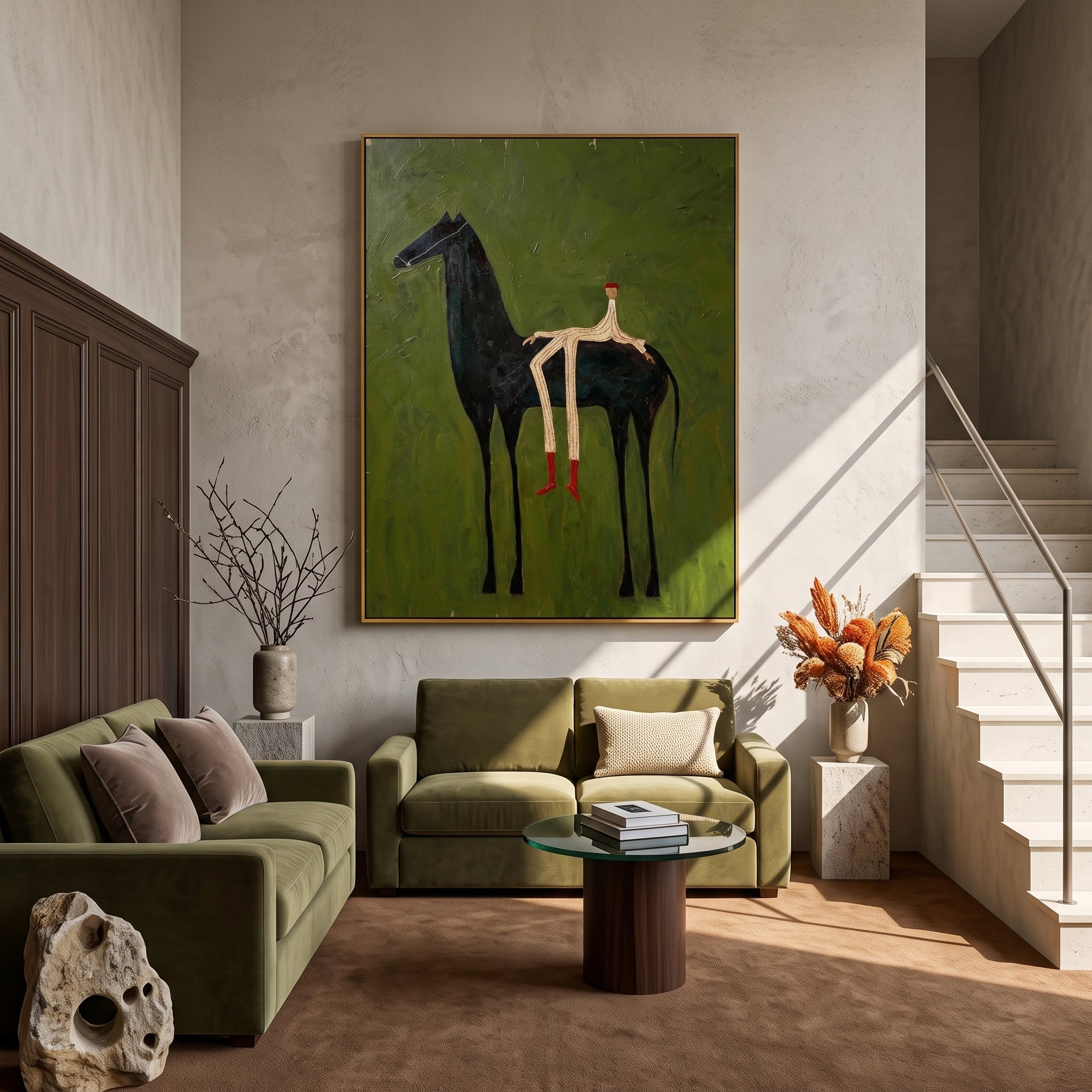 "Whimsical Slender Rider & Black Steed" – Modern Heavy Impasto Primitive Surreal Figurative | 3D Moss Olive & Crimson Red Palette Knife Painting | Luxury Vertical Wall Art #AB 526