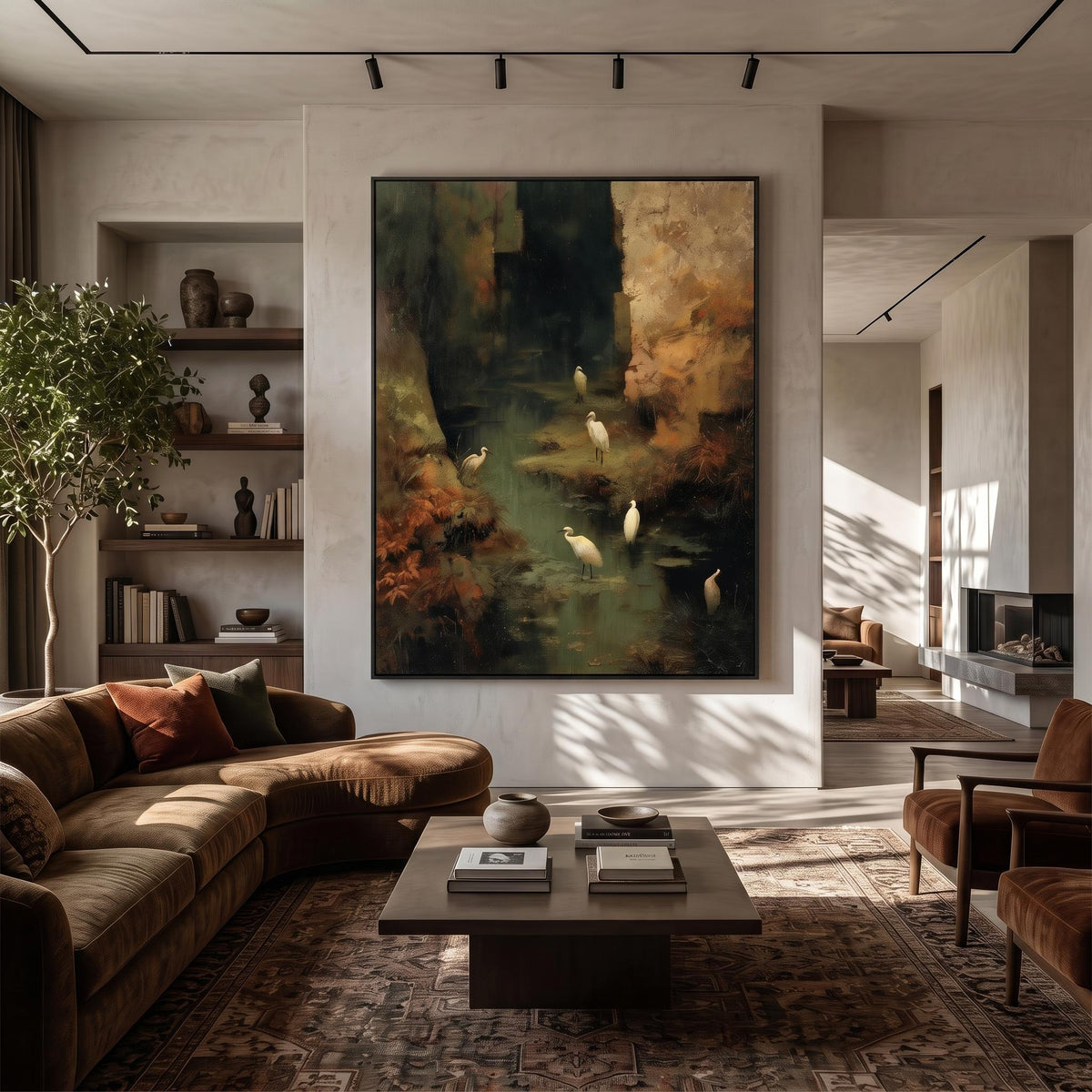 "Wetland Egret" - Modern Heavy Impasto Abstract Artwork | Golden Palette Knife Painting | Luxury Vertical Wall Art #PT 2617