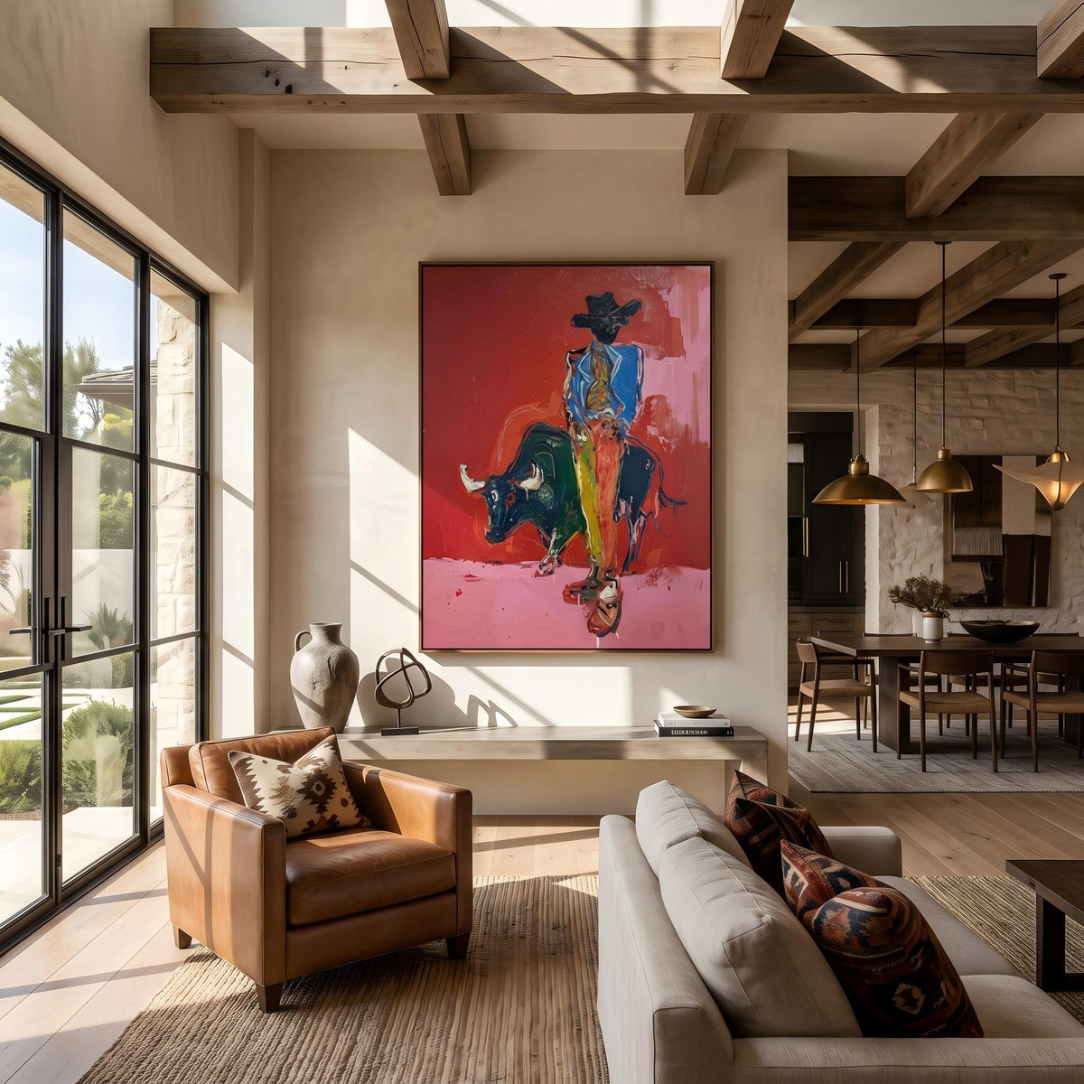 "Bullfighting Western Cowboy" - Modern Heavy Impasto Western Animal Artwork | Pink Palette Knife Painting | Luxury Vertical Wall Art #PT 2648