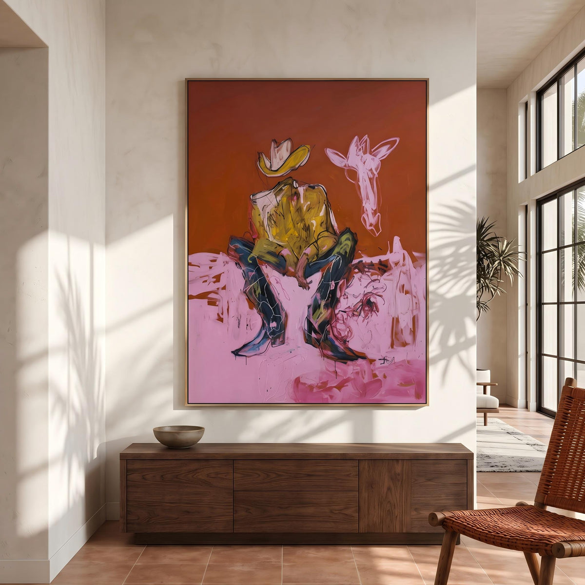 "Squatting faceless cowboy" - Modern Heavy Impasto Western Animal Artwork | Pink Palette Knife Painting | Luxury Vertical Wall Art #PT 2645