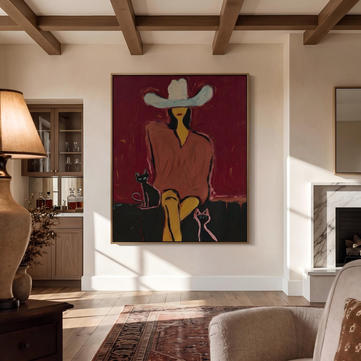 "Western Woman and Cat" - Modern Heavy Impasto Western Animal Artwork | Golden Palette Knife Painting | Luxury Vertical Wall Art #PT 2641
