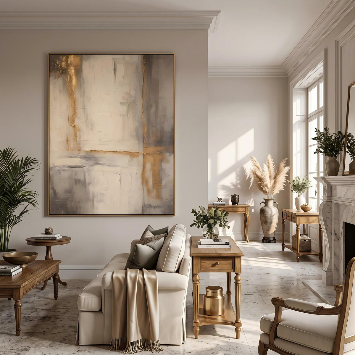 "Gold Foil Luxury" - Modern Heavy Impasto Abstract Artwork | Beige & White Palette Knife Painting | Luxury Vertical Wall Art #PT 2626