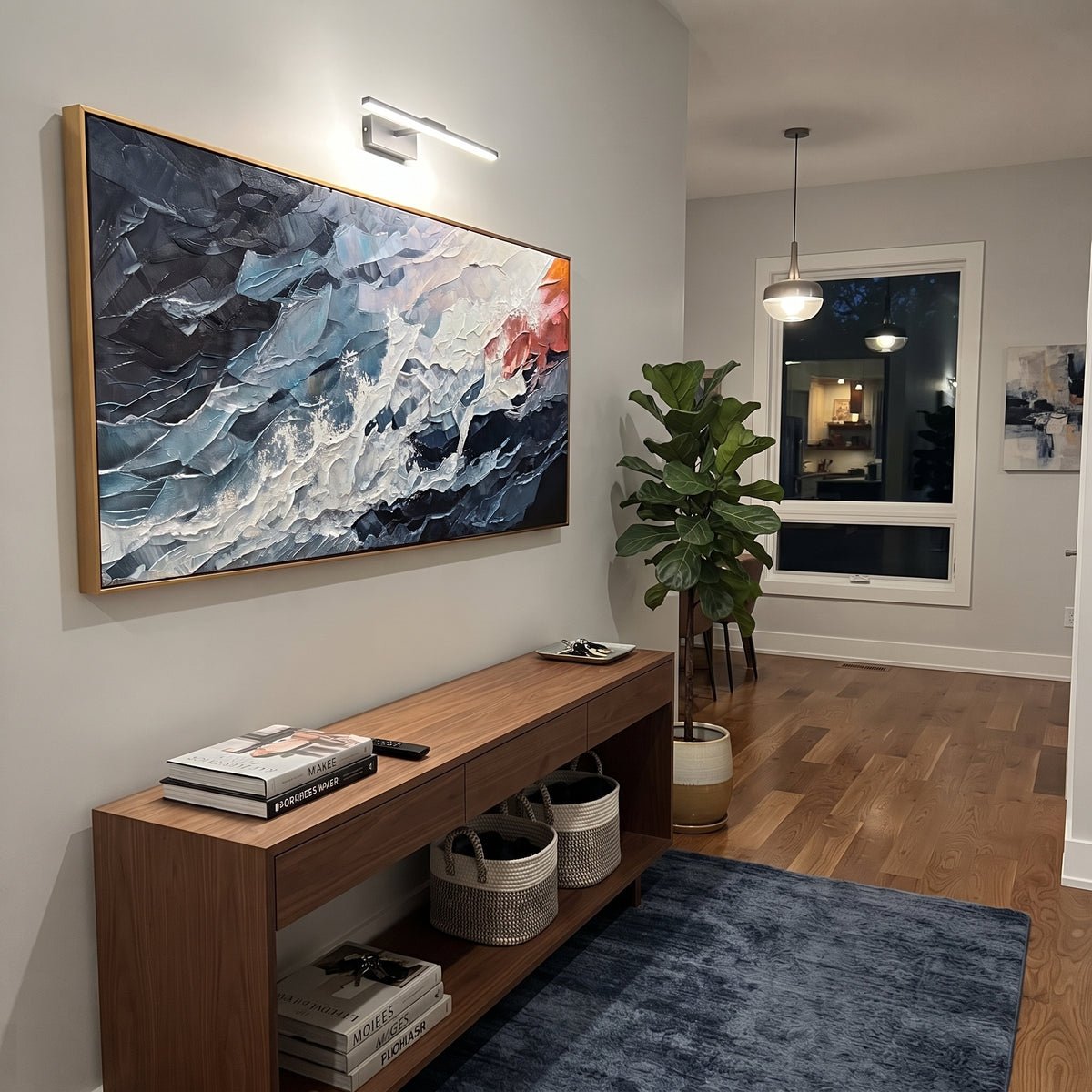 "Azure Ocean Passage" is a 100% hand-painted seascape created with professional oil and acrylic paints on high-quality canvas. Its blue & red palette and visible textured strokes give every piece authentic handmade variation and tactile depth.