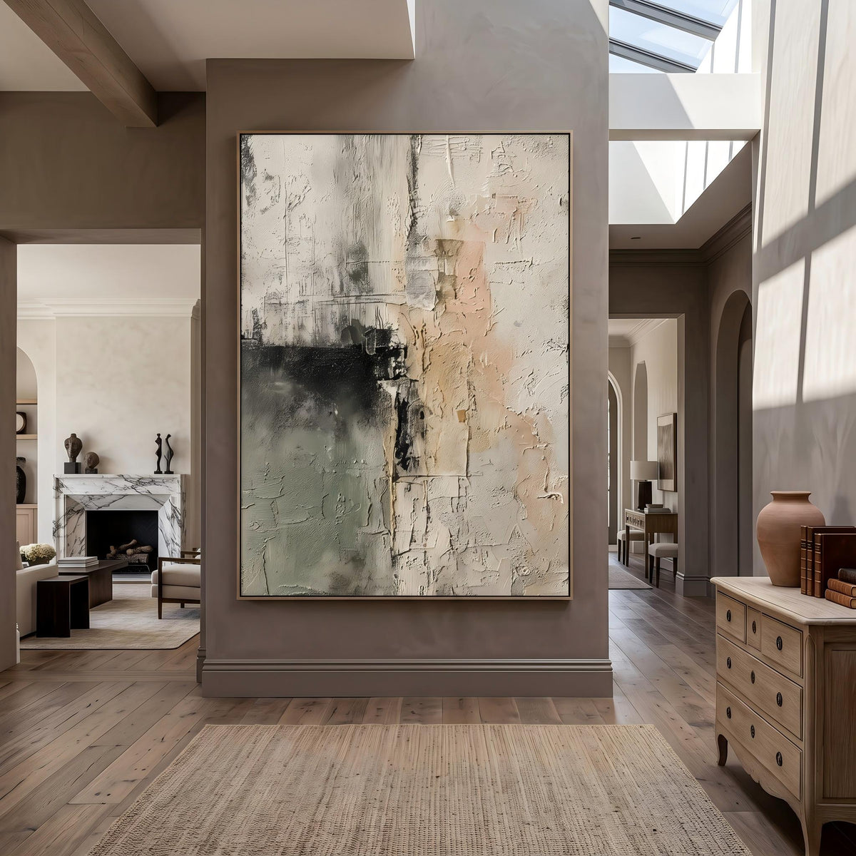 "Sage Green Beige Textured Abstract Wall" - Modern Heavy Impasto Abstract Artwork | Beige Palette Knife Painting | Luxury Vertical Wall Art #PT 2601