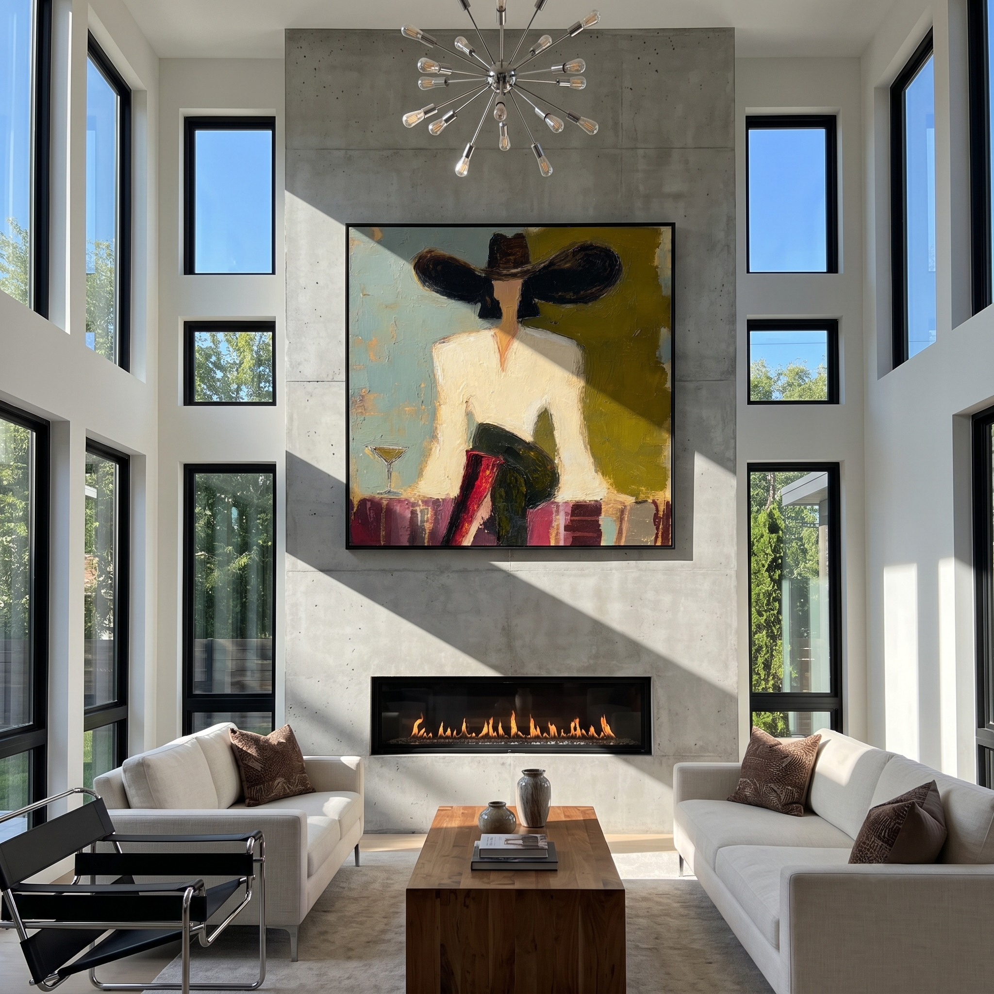 "Lounge Cowgirl With Martini" – Modern Heavy Impasto Retro Western Figurative | 3D Moss Olive & Dusty Teal Palette Knife Painting | Luxury Square Wall Art #AB 525