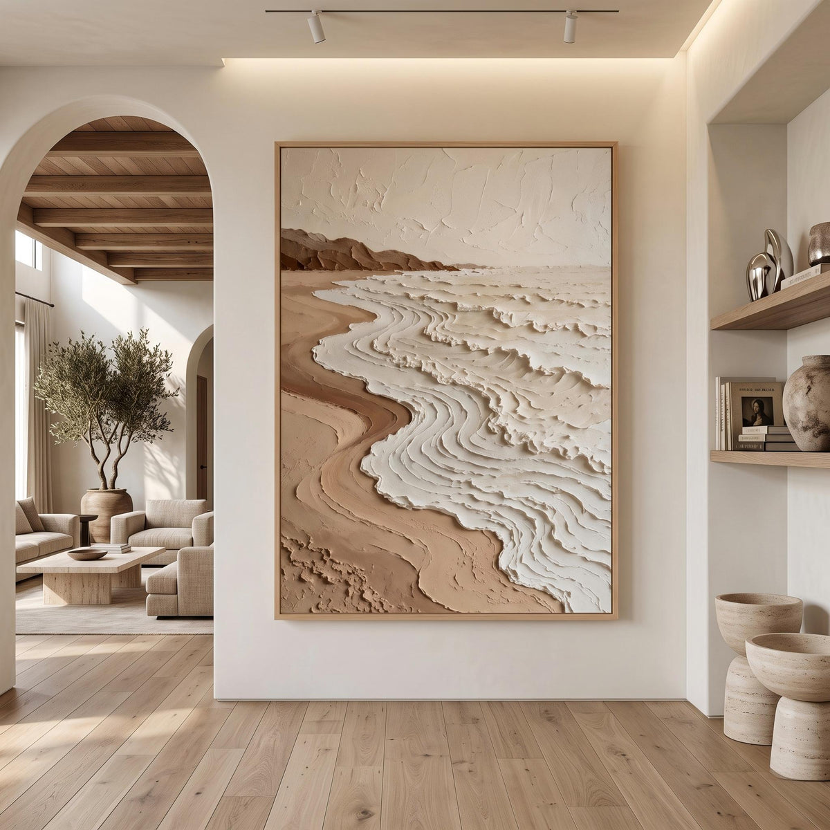 "Neutral Tones Stereoscopic Seaside Wall Decor" - Modern Heavy Impasto Coastal Landscape | Beige Palette Knife Painting | Luxury Vertical Wall Art #PT 2604