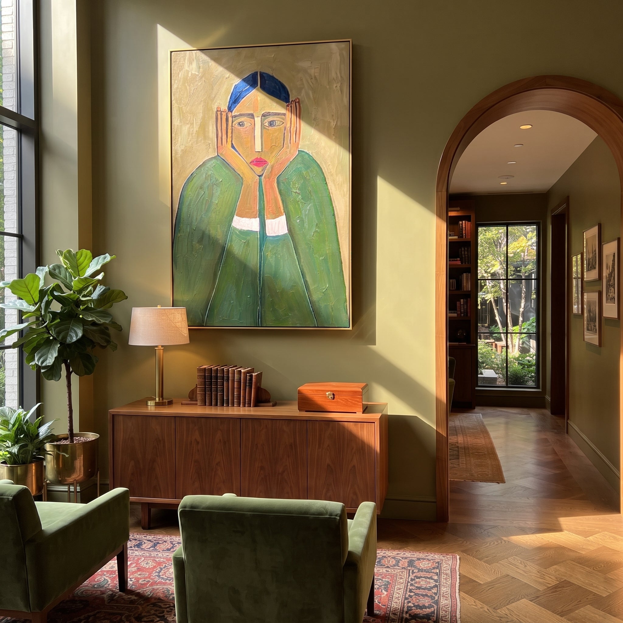 "Contemplative Primitive Lady Portrait" – Modern Heavy Impasto Figurative Art | 3D Olive & Emerald Palette Knife Painting | Luxury Vertical Wall Art #PT 639