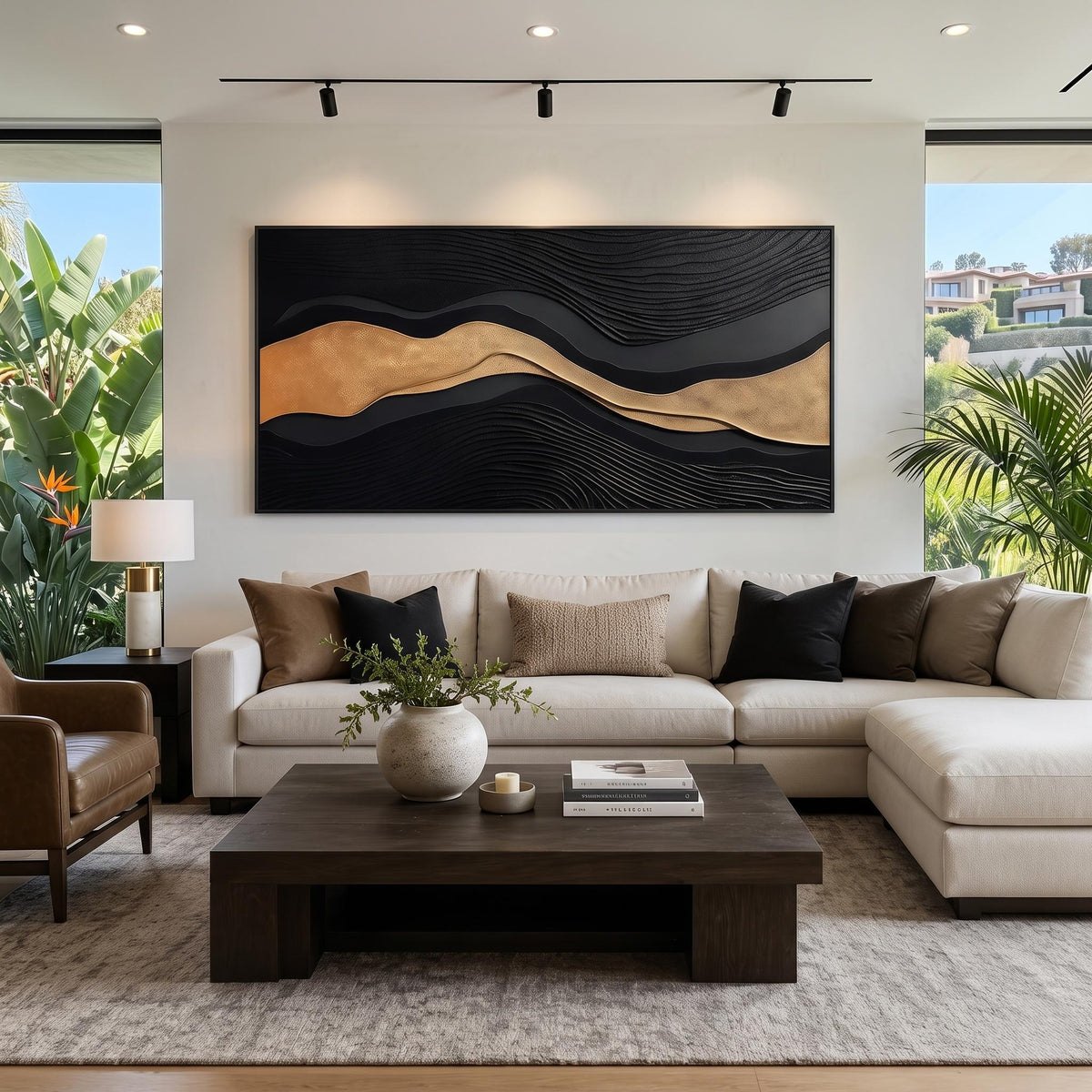 "Luxury Black‑Gold Layered Mountain" - Modern Heavy Impasto Landscape Artwork | Beige Palette Knife Painting | Luxury Horizontal Wall Art #PT 2612