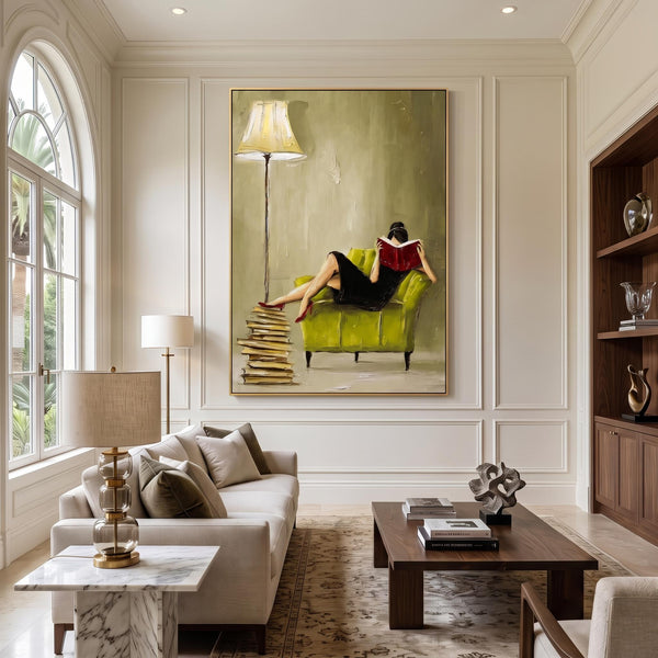 "Woman Reading" - Modern Heavy Impasto Abstract Artwork | Beige & Yellow Palette Knife Painting | Luxury Vertical Wall Art #PT 2611