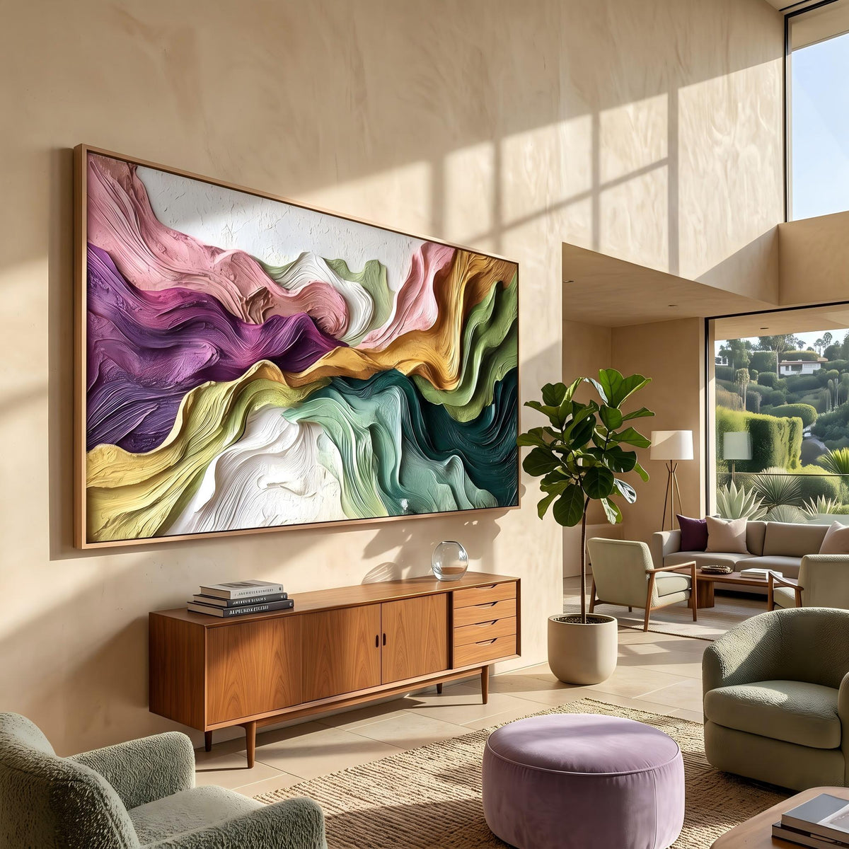 "Boho Flow Color Abstract" - Modern Heavy Impasto Abstract Artwork | Beige Palette Knife Painting | Luxury Horizontal Wall Art #PT 2605