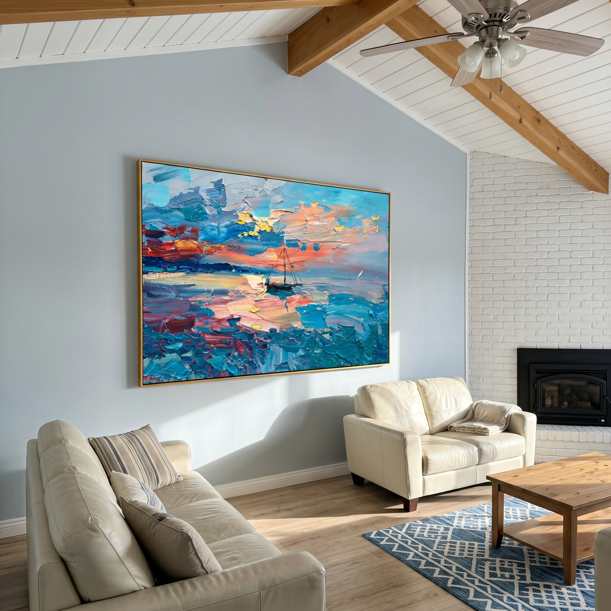 "Harbor Afterglow" - Modern Heavy Impasto Seascape | Turquoise Blue & Sunset Pink Sailboat Oil Painting | Luxury Horizontal Wall Art #PT 591