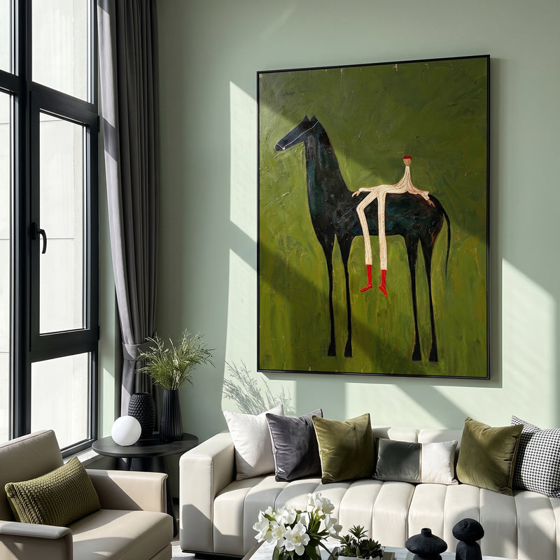 "Whimsical Slender Rider & Black Steed" – Modern Heavy Impasto Primitive Surreal Figurative | 3D Moss Olive & Crimson Natural Palette Knife Painting | Luxury Vertical Wall Art #AB 526