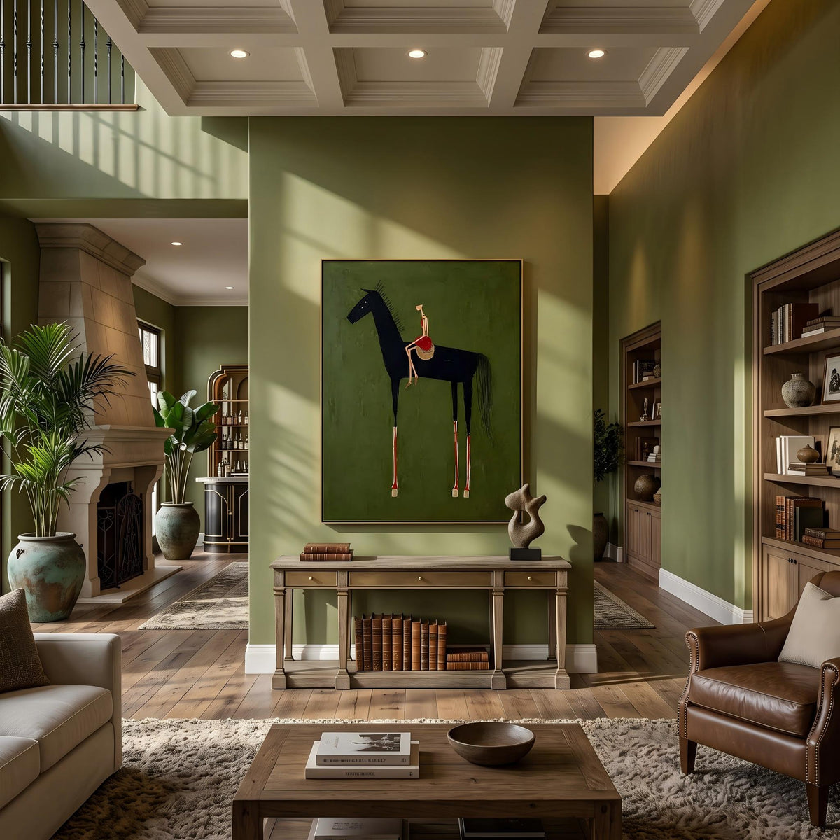 "Black Horse & Rider" - Modern Heavy Impasto Western Animal Artwork | Green Palette Knife Painting | Luxury Vertical Wall Art #PT 2625