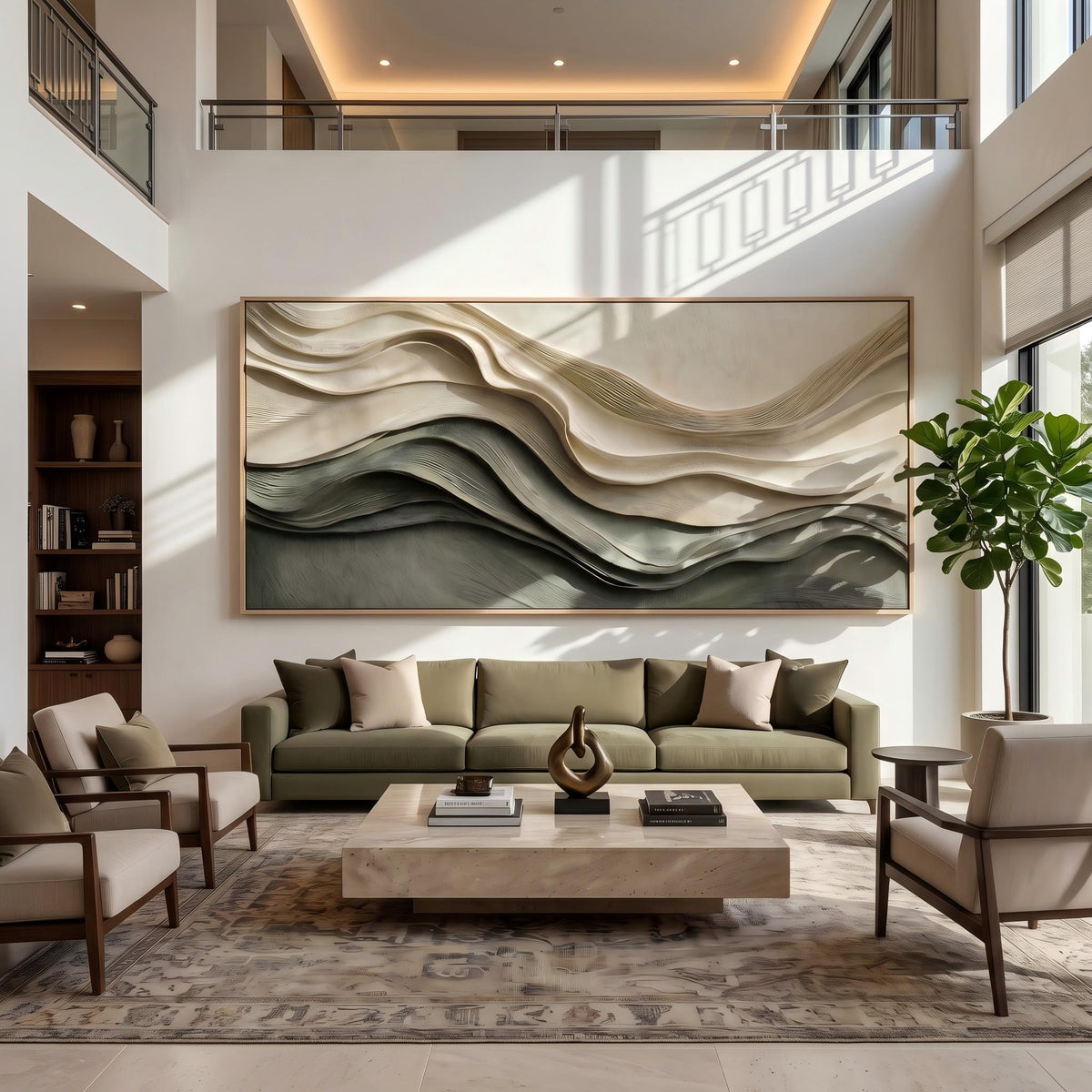 "Layered Wave Abstract" - Modern Heavy Impasto Ocean Wave Seascape | Beige Palette Knife Painting | Luxury Horizontal Wall Art #PT 2600