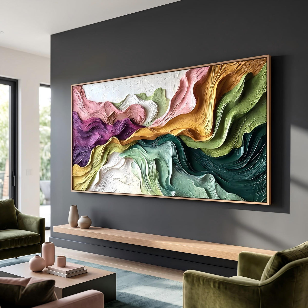 "Boho Flow Color Abstract" - Modern Heavy Impasto Abstract Artwork | Beige Palette Knife Painting | Luxury Horizontal Wall Art #PT 2605