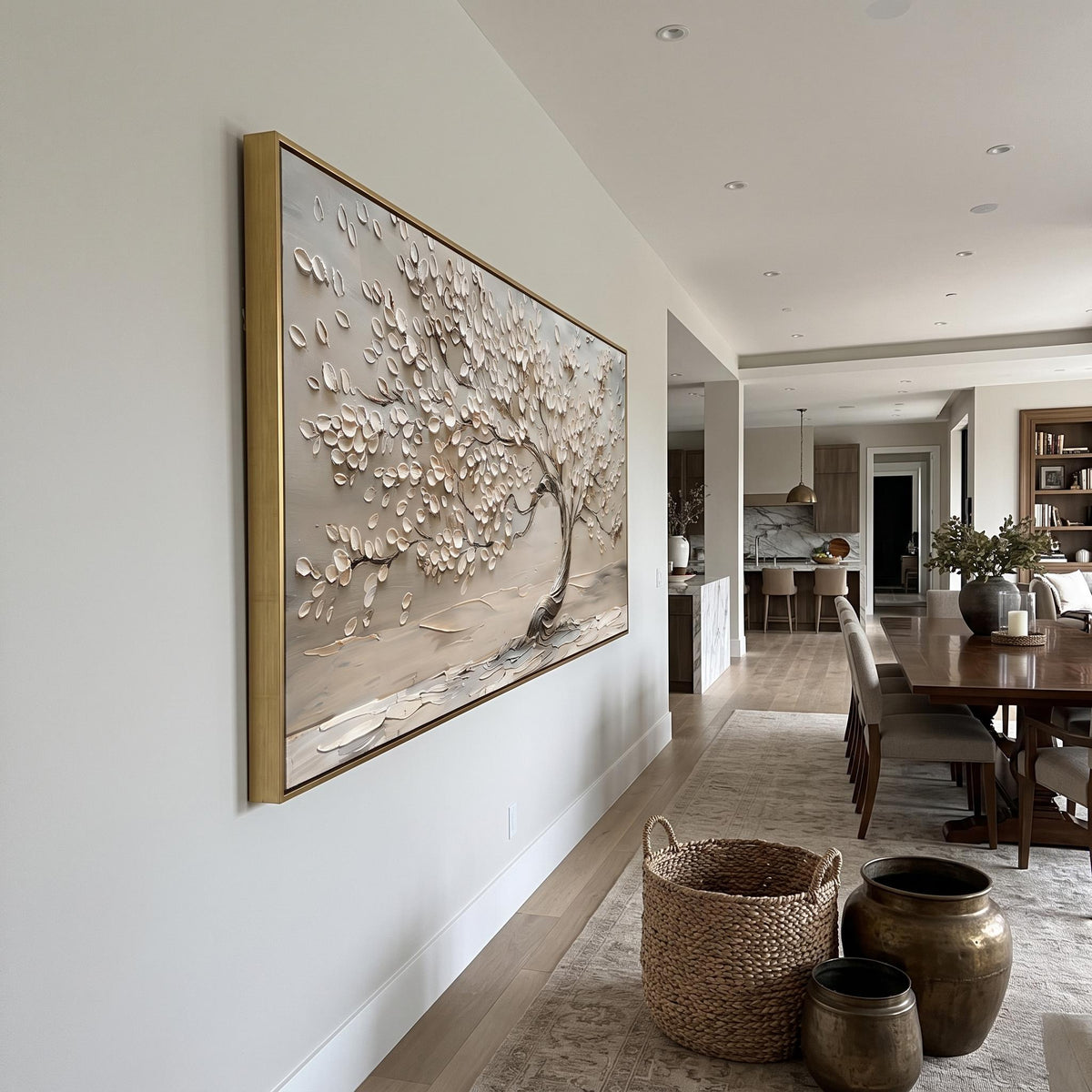 "Life Tree" - Modern Heavy Impasto Botanical Tree Artwork | White Palette Knife Painting | Luxury Horizontal Wall Art #PT 2613