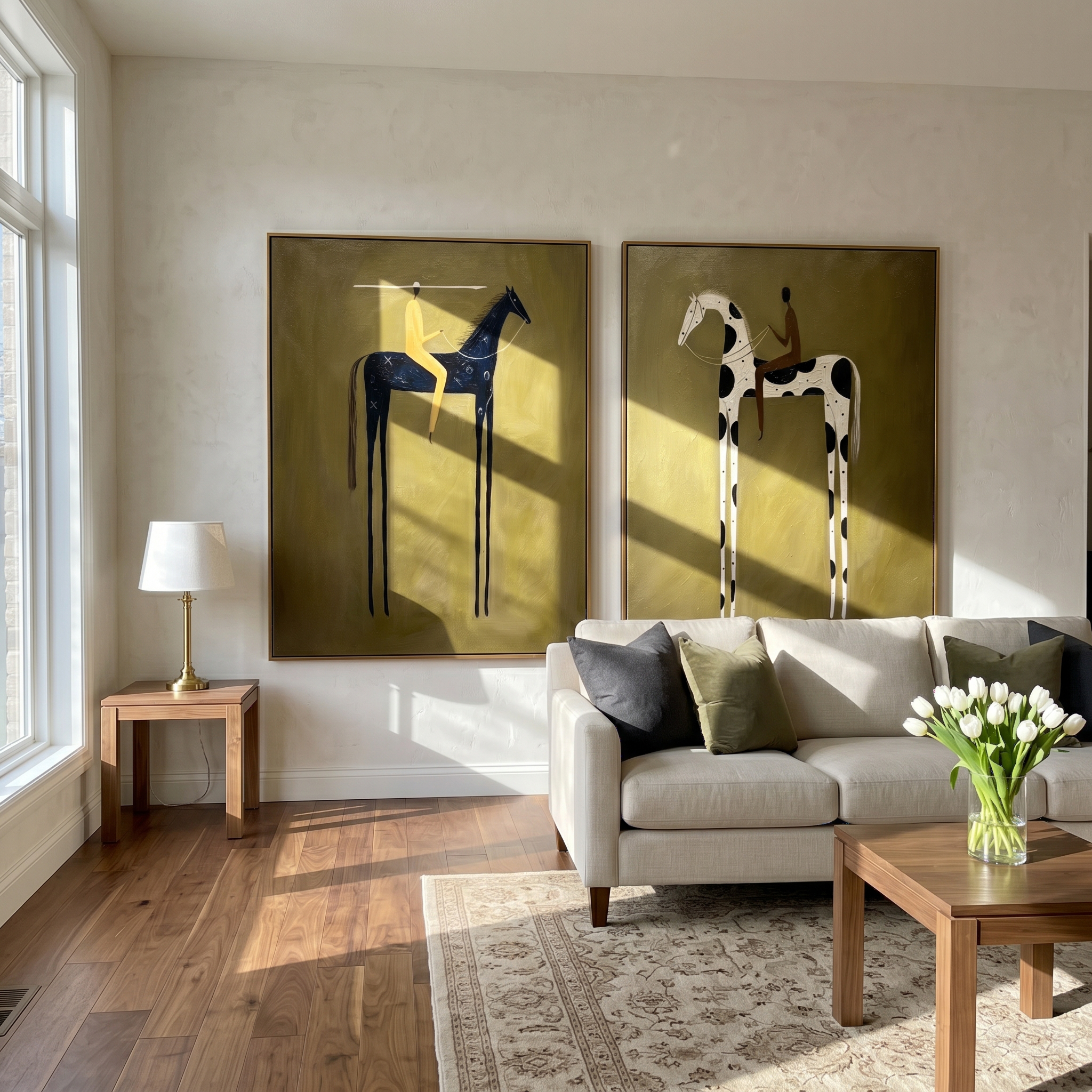 "Twin Riders' Journey" – Modern Heavy Impasto Figurative Set | 3D Olive & Contrast Palette Knife Paintings | Luxury Vertical Diptych Wall Art #AB 495