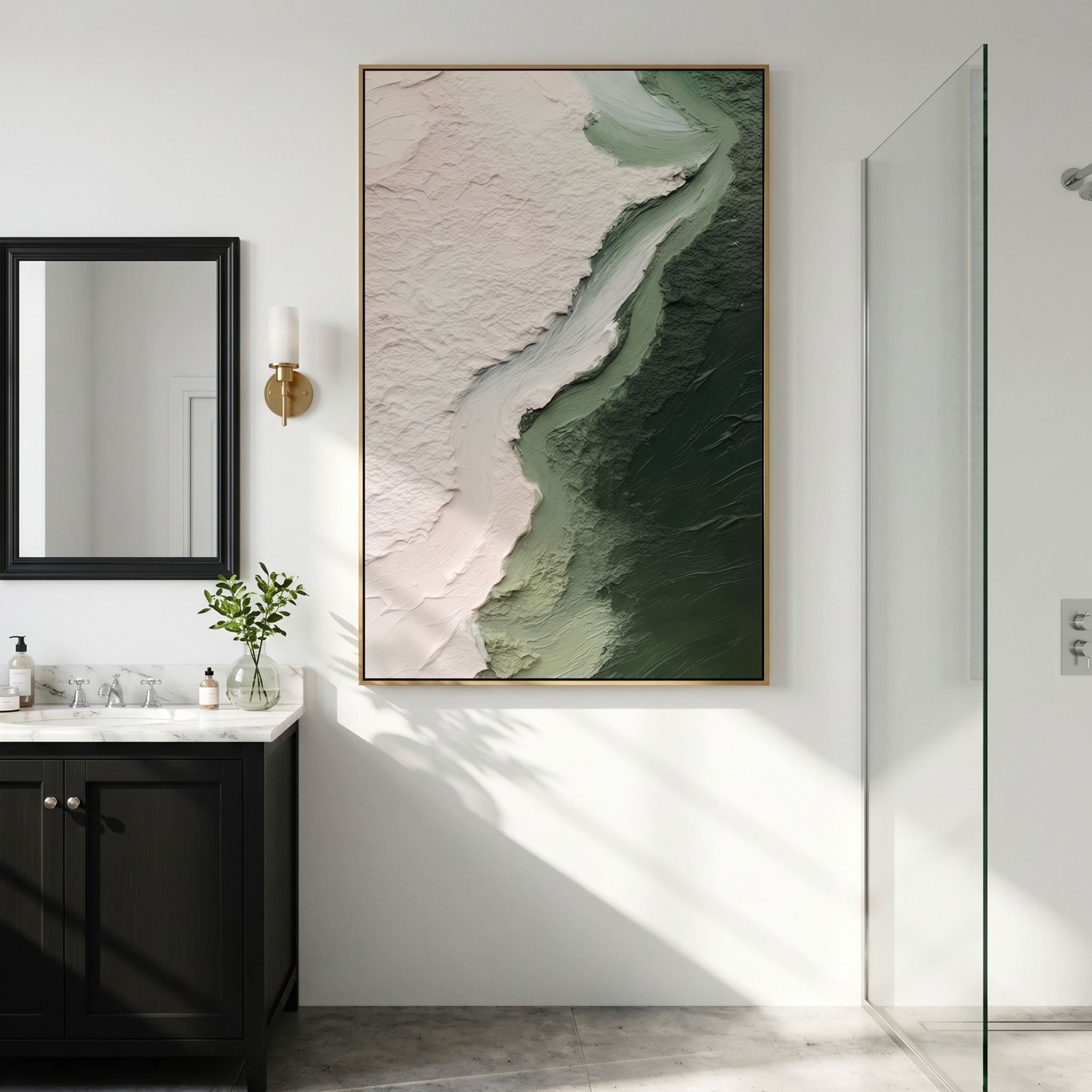 "Flowing Sage Wave Divide" – Modern Heavy Impasto Wabi‑Sabi Abstract | 3D Soft Blush Pink & Gradient Sage‑Green Palette Knife Painting | Luxury Vertical Wall Art #PT 596