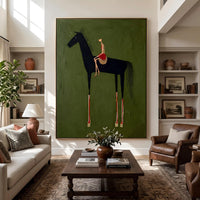 "Black Horse & Rider" - Modern Heavy Impasto Western Animal Artwork | Green Palette Knife Painting | Luxury Vertical Wall Art #PT 2625