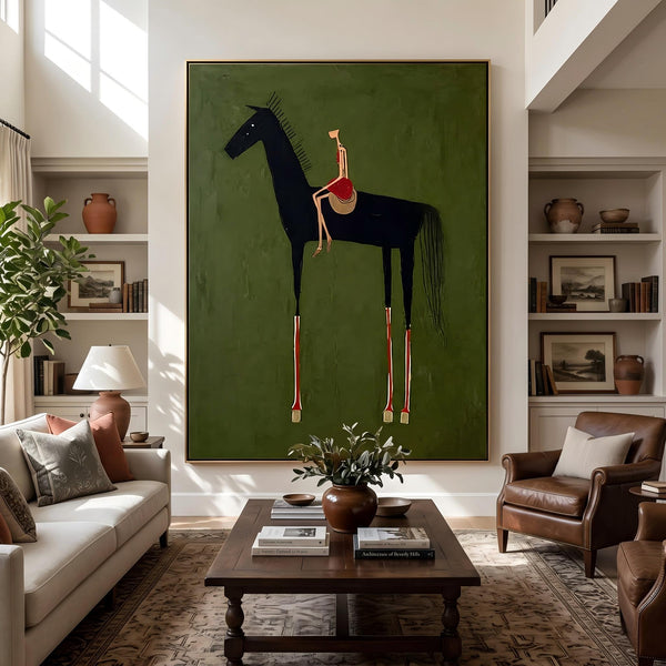 "Black Horse & Rider" - Modern Heavy Impasto Western Animal Artwork | Green Palette Knife Painting | Luxury Vertical Wall Art #PT 2625