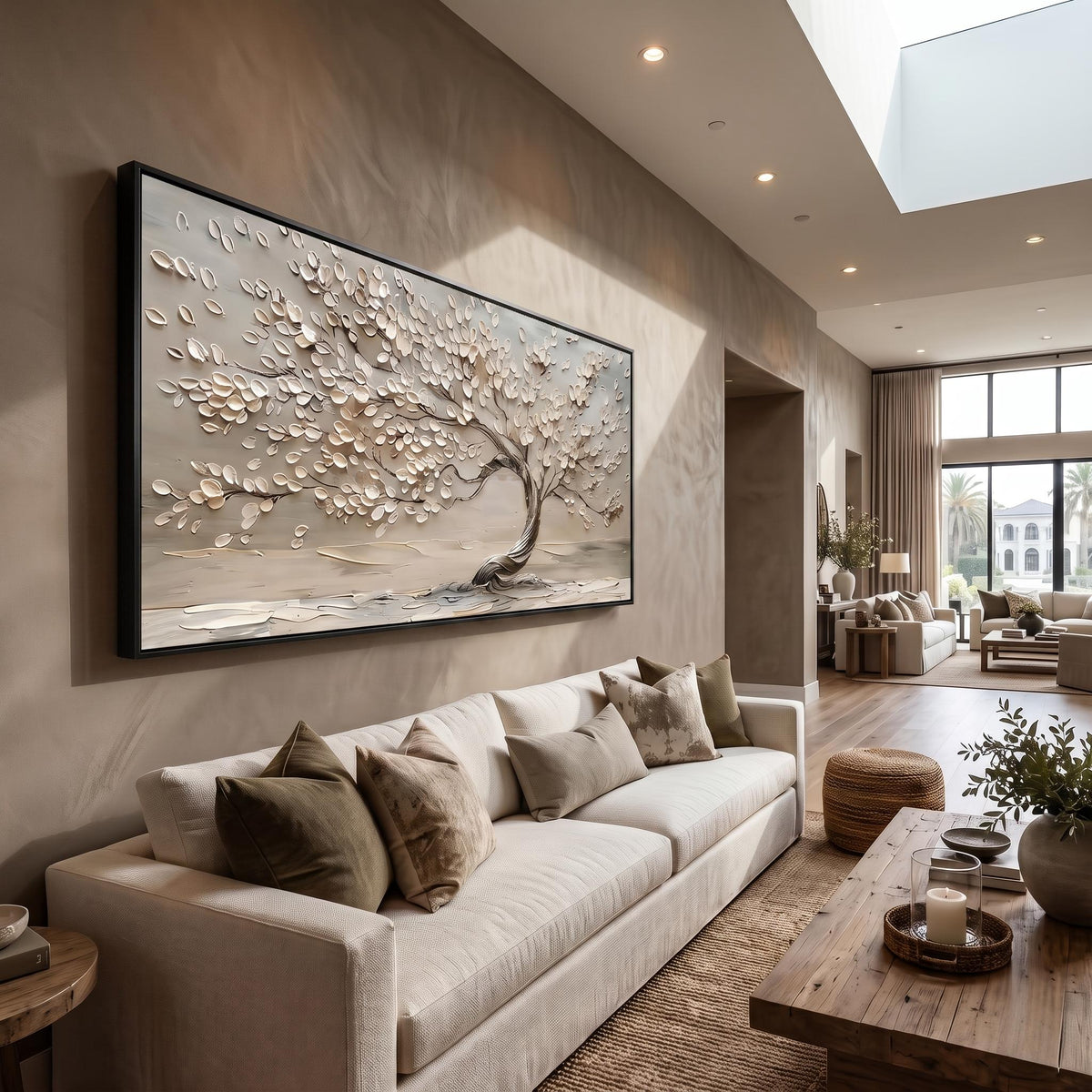 "Life Tree" - Modern Heavy Impasto Botanical Tree Artwork | White Palette Knife Painting | Luxury Horizontal Wall Art #PT 2613