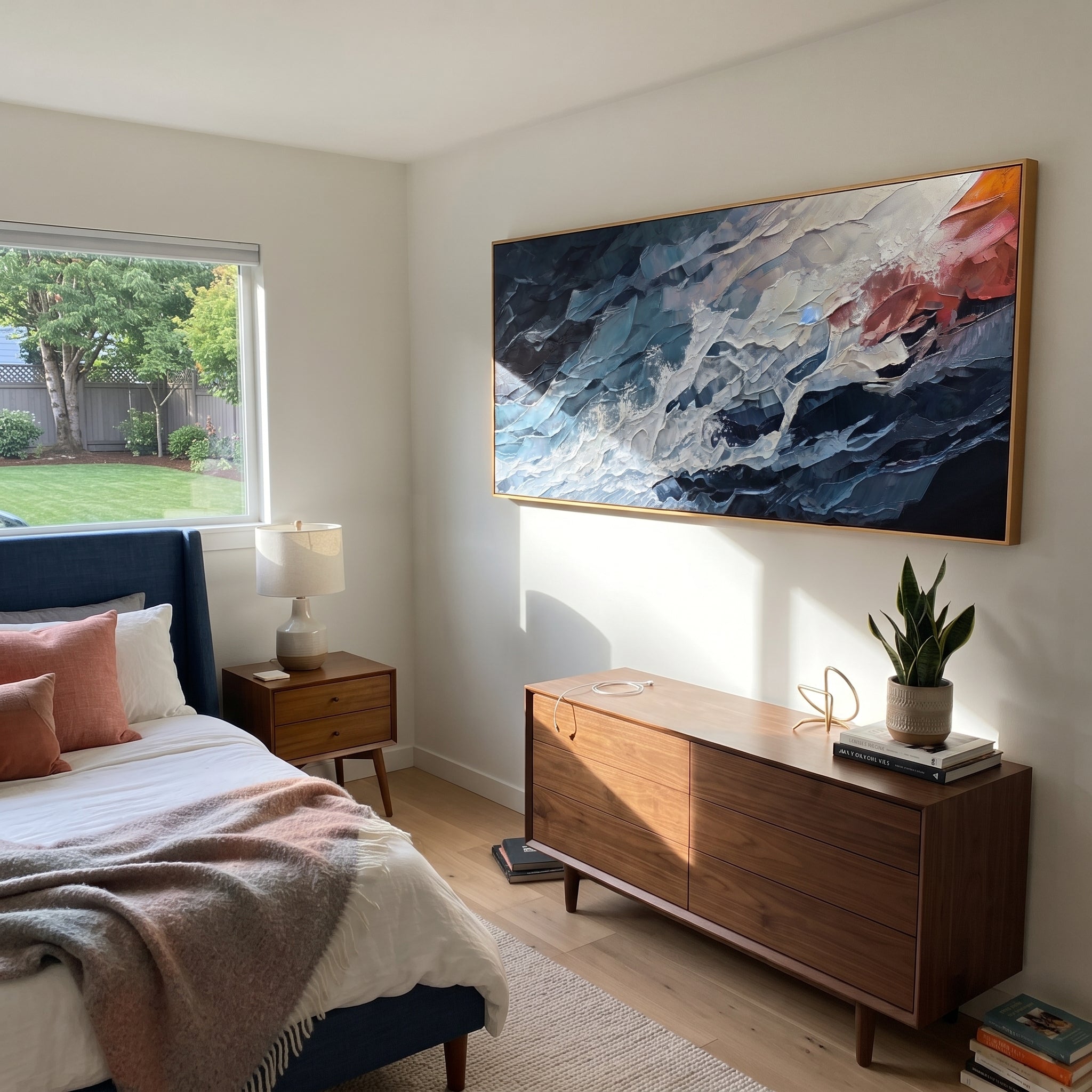 "Azure Ocean Passage" is a 100% hand-painted seascape created with professional oil and acrylic paints on high-quality canvas. Its blue & red palette and visible textured strokes give every piece authentic handmade variation and tactile depth.