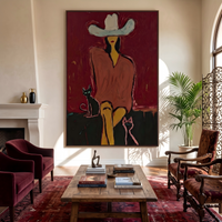 "Western Woman and Cat" - Modern Heavy Impasto Western Animal Artwork | Golden Palette Knife Painting | Luxury Vertical Wall Art #PT 2641