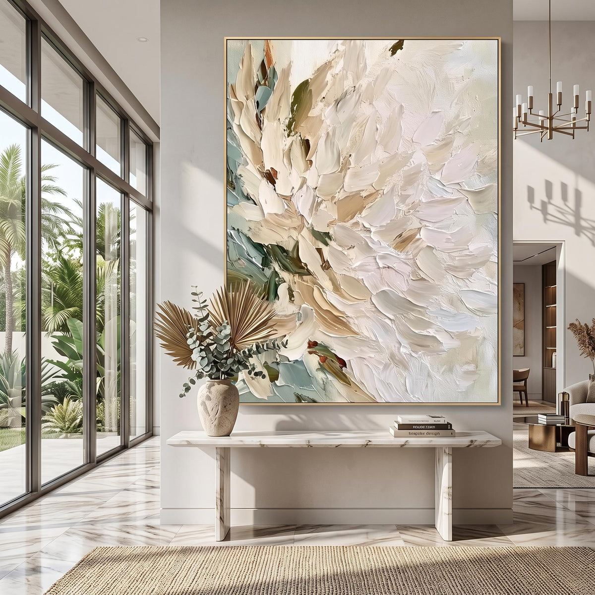 "Vertical Impasto White Flower" - Modern Heavy Impasto Floral Abstract | Beige Palette Knife Painting | Luxury Vertical Wall Art #PT 2620