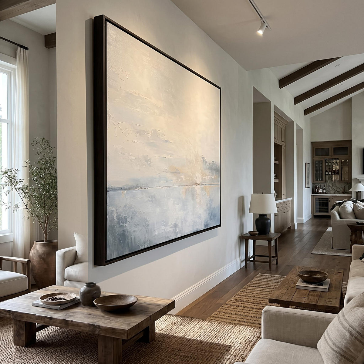"Square Hazy Abstract Seascape" - Modern Heavy Impasto Coastal Landscape | Beige Palette Knife Painting | Luxury Square Wall Art #PT 2607