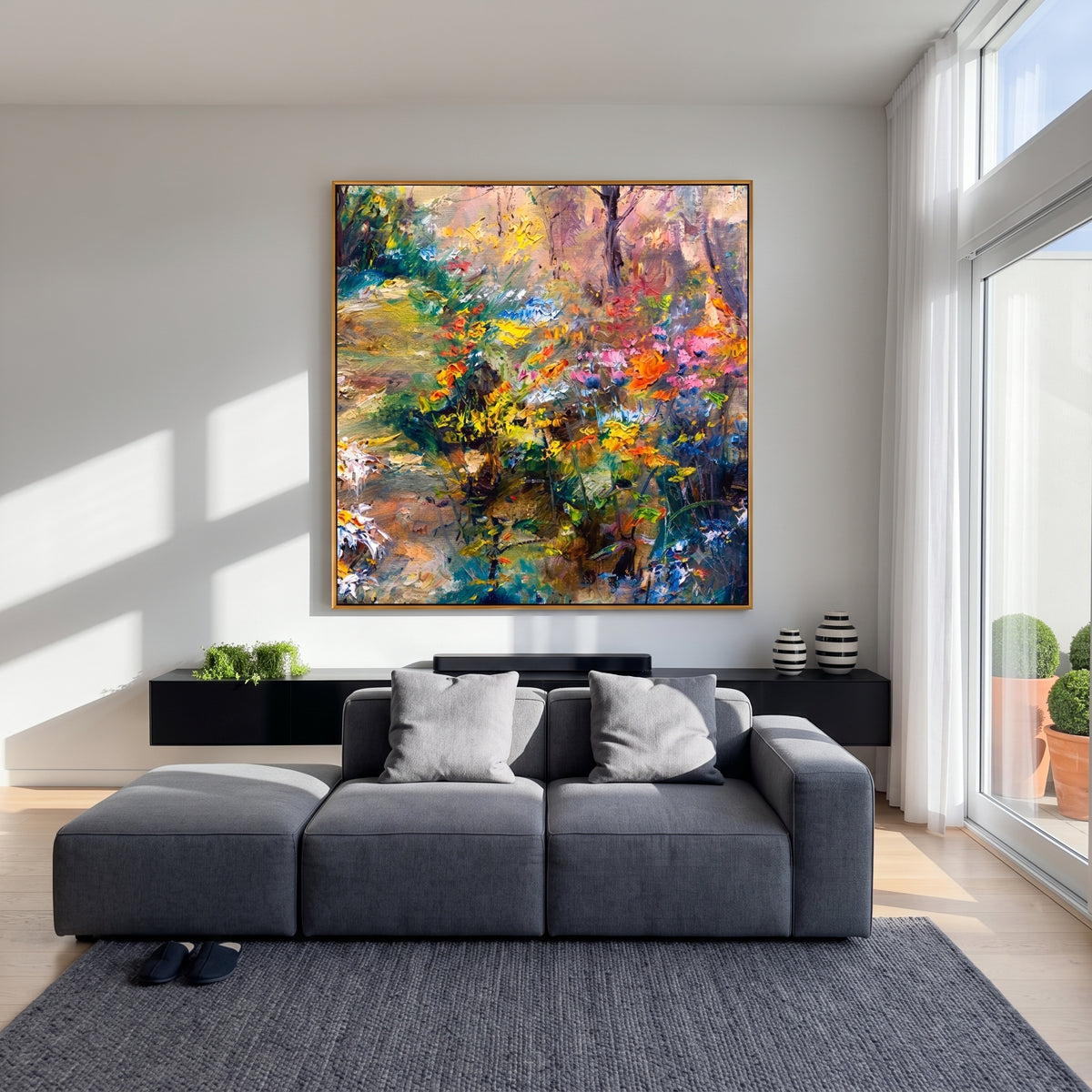 "Wildflower Woodland Bloom" – Modern Heavy Impasto Impressionist Landscape | 3D Golden Citrus & Forest Sage Palette Knife Painting | Luxury Square Wall Art #PT 568