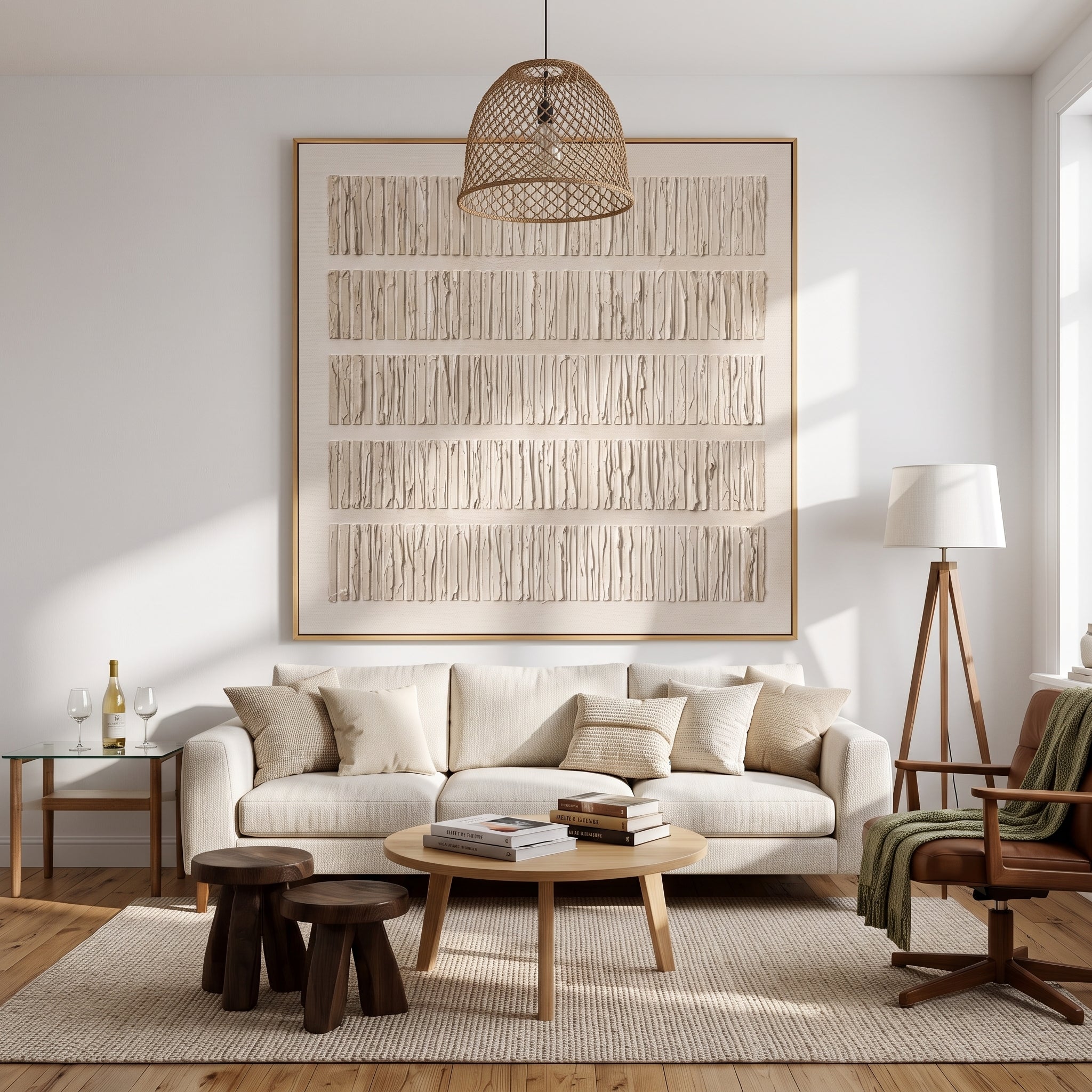 "Linear Neutral Textured Strata" – Modern Heavy Impasto Minimal Abstract Relief | 3D Warm Ivory & Beige Clay Palette Knife Painting | Luxury Square Wall Art #WS 258