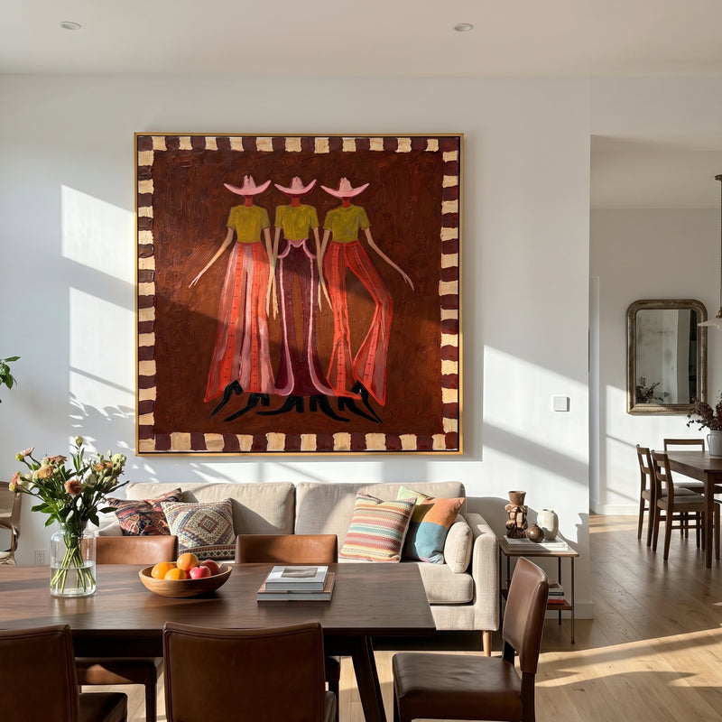 "Trio Retro Cowgirl Figures" – Modern Heavy Impasto Folk Western Figurative | 3D Cocoa Umber & Blush Terracotta Palette Knife Painting | Luxury Square Wall Art #AB 524