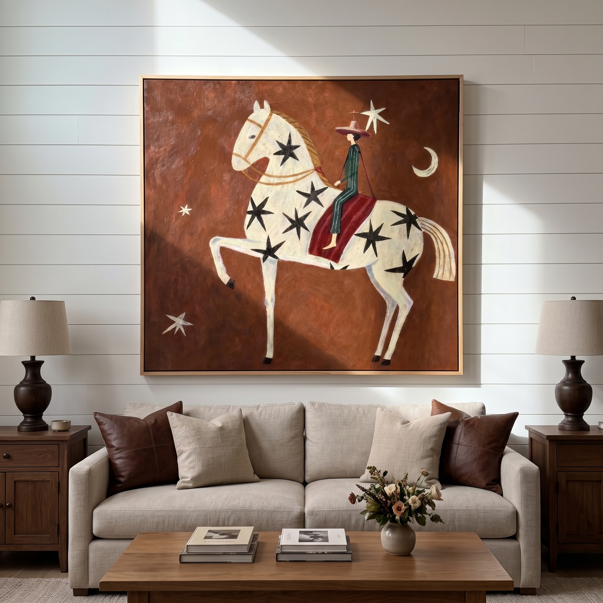 "Starry Midnight Cowboy Steed" – Modern Heavy Impasto Primitive Western Figurative | 3D Rust Umber & Soft Ivory Palette Knife Painting | Luxury Square Wall Art #AB 523