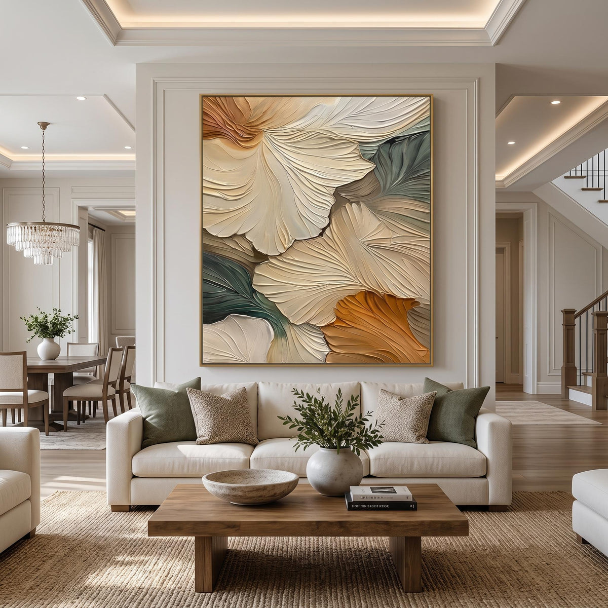 "Abstract Ginkgo Leaf" - Modern Heavy Impasto Botanical Tree Artwork | Beige Palette Knife Painting | Luxury Vertical Wall Art #PT 2615