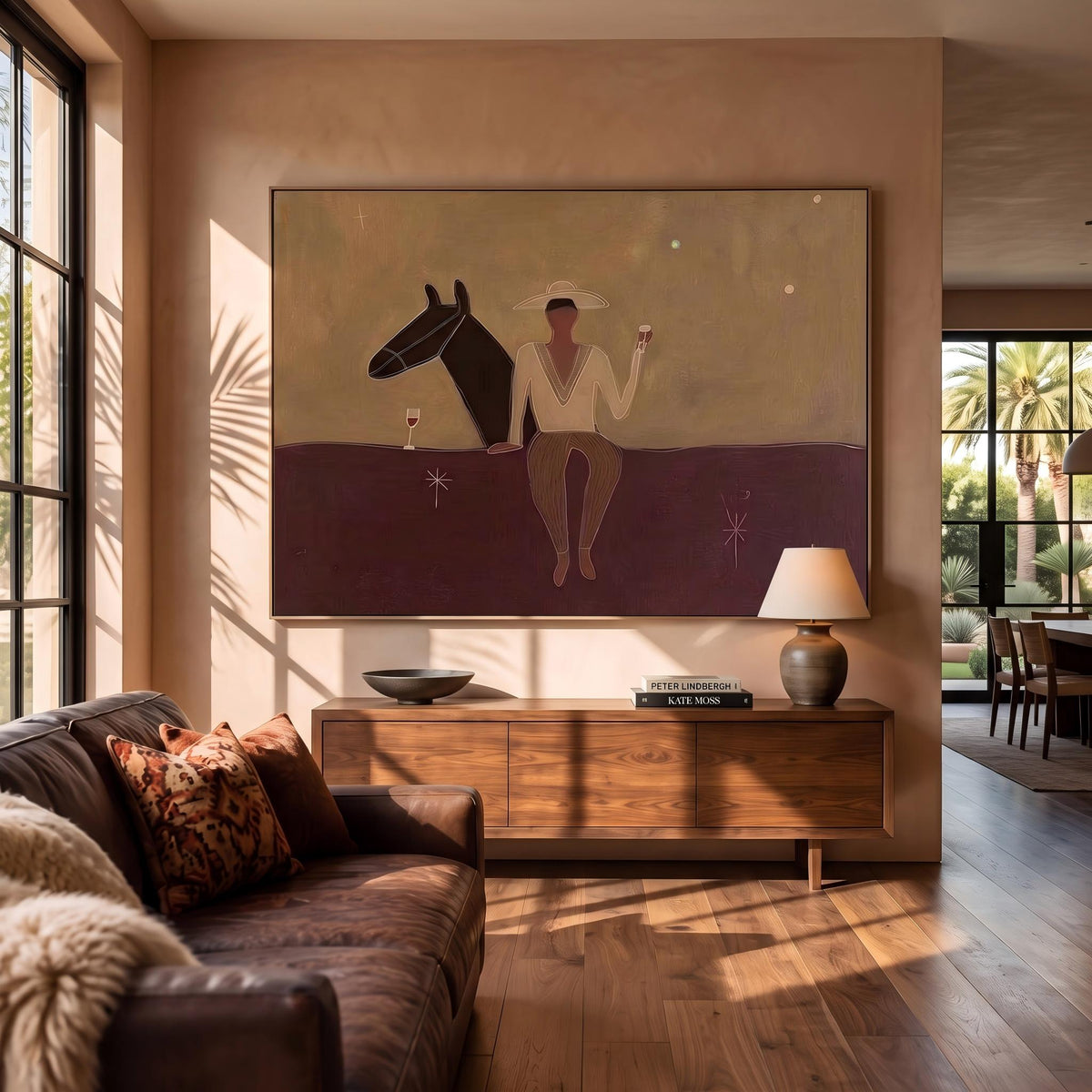 "Western Cowboy and Horse" - Modern Heavy Impasto Western Animal Artwork | Purple Palette Knife Painting | Luxury Horizontal Wall Art #PT 2636