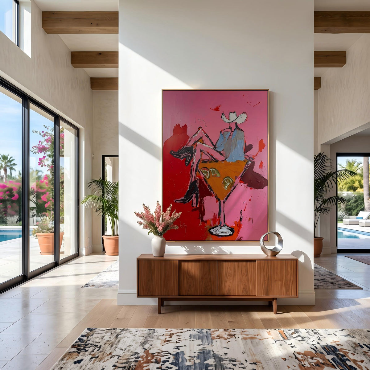 "Pink Cowgirl Cocktail" - Modern Heavy Impasto Western Animal Artwork | Pink Palette Knife Painting | Luxury Vertical Wall Art #PT 2651