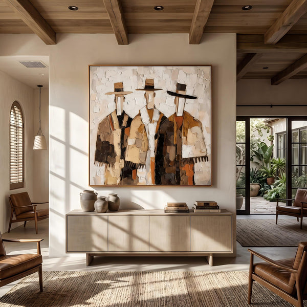 "Three Cowboys Impasto Wall" - Modern Heavy Impasto Abstract Artwork | Orange Palette Knife Painting | Luxury Square Wall Art #PT 2627