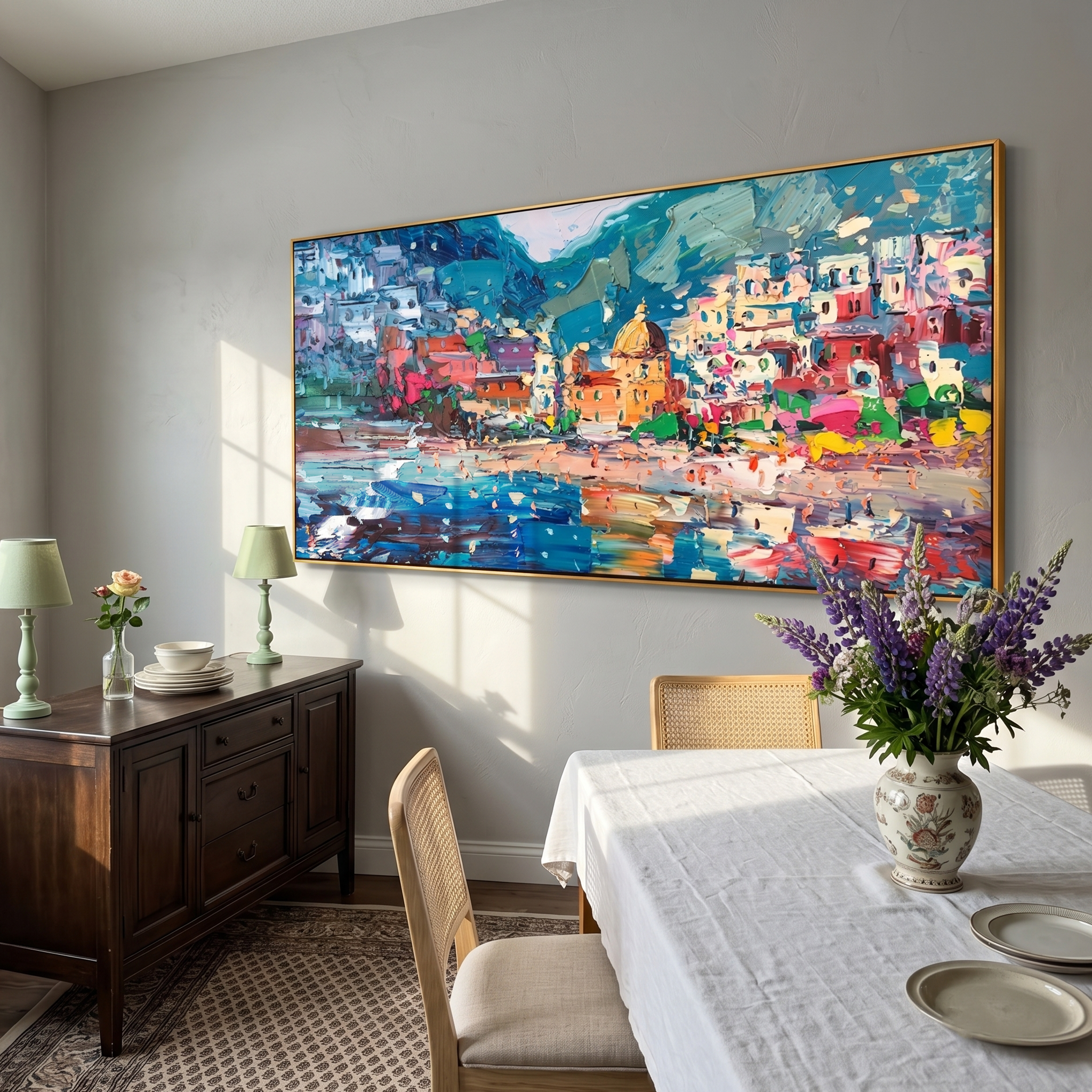 "Pastel Positano Beach Harbor" - Modern Heavy Impasto Mediterranean Landscape | 3D Turquoise Sea & Multicolored Village Palette Knife Painting | Luxury Horizontal Wall Art #PT 582