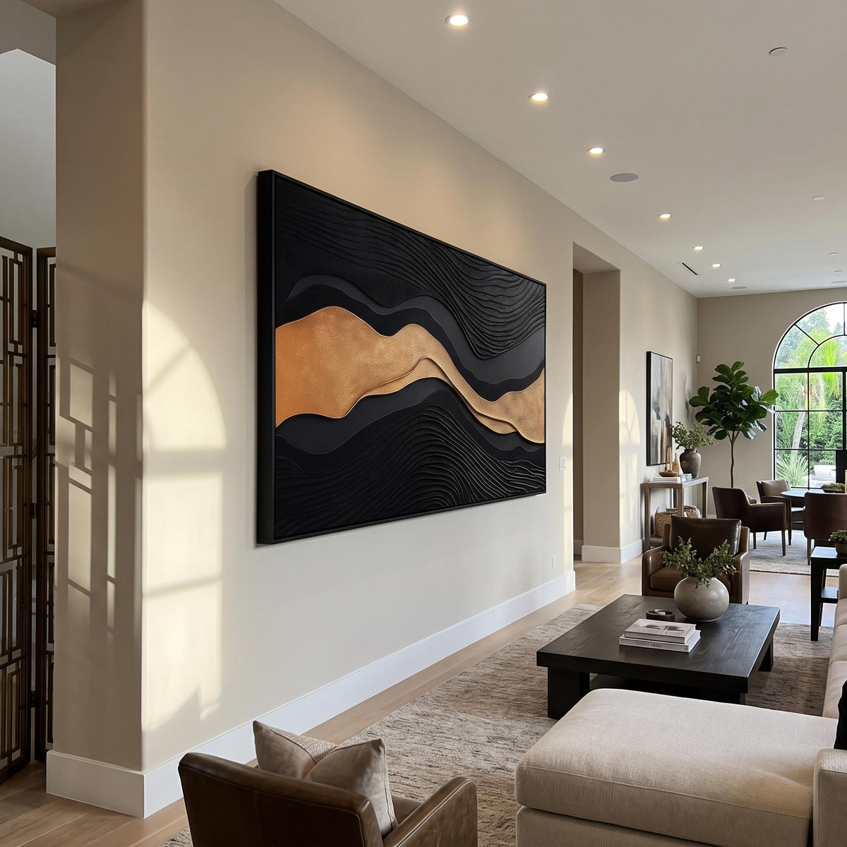 "Luxury Black‑Gold Layered Mountain" - Modern Heavy Impasto Landscape Artwork | Beige Palette Knife Painting | Luxury Horizontal Wall Art #PT 2612
