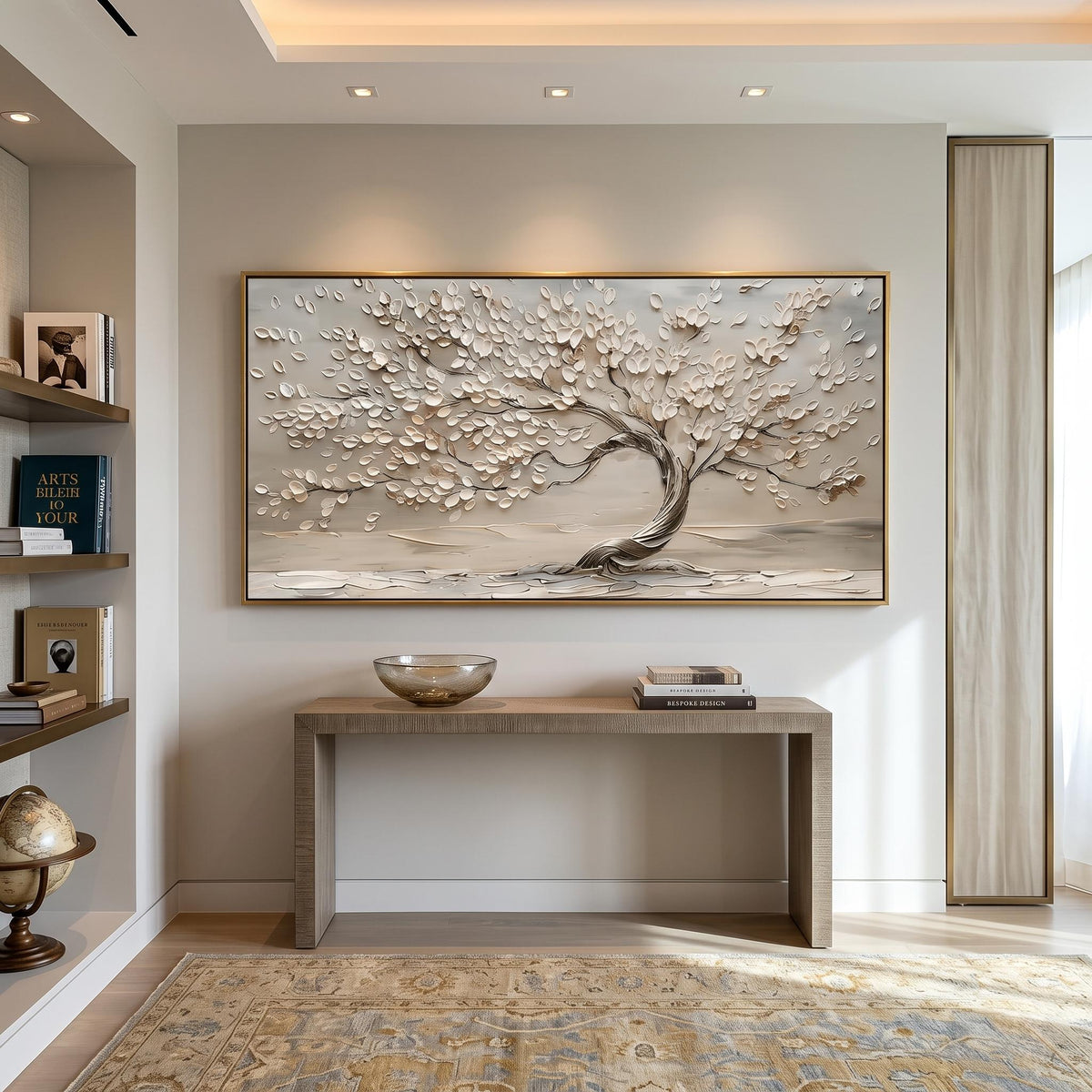 "Life Tree" - Modern Heavy Impasto Botanical Tree Artwork | White Palette Knife Painting | Luxury Horizontal Wall Art #PT 2613