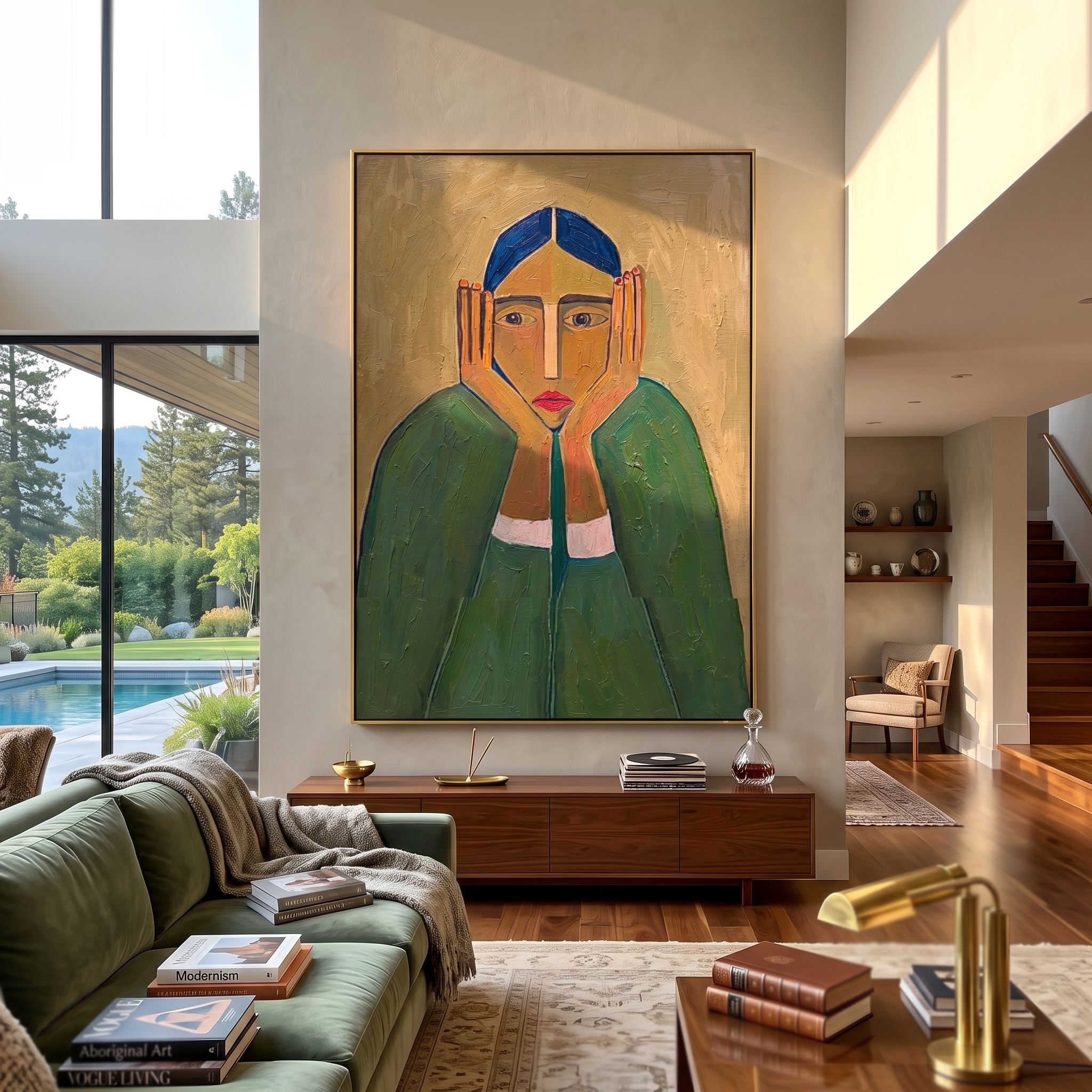 "Contemplative Primitive Lady Portrait" – Modern Heavy Impasto Figurative Art | 3D Olive & Emerald Palette Knife Painting | Luxury Vertical Wall Art #PT 639