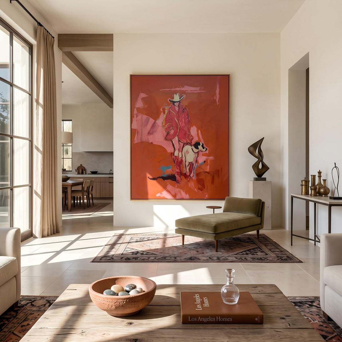 "Cowgirl and Dog" - Modern Heavy Impasto Dog Portrait Artwork | Pink Palette Knife Painting | Luxury Vertical Wall Art #PT 2650