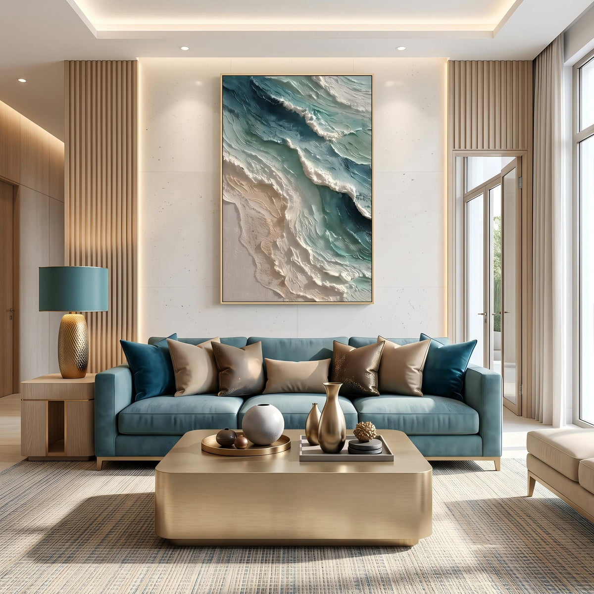 "Blue Green Coastal Wall" - Modern Heavy Impasto Coastal Landscape | Beige Palette Knife Painting | Luxury Vertical Wall Art #PT 2632