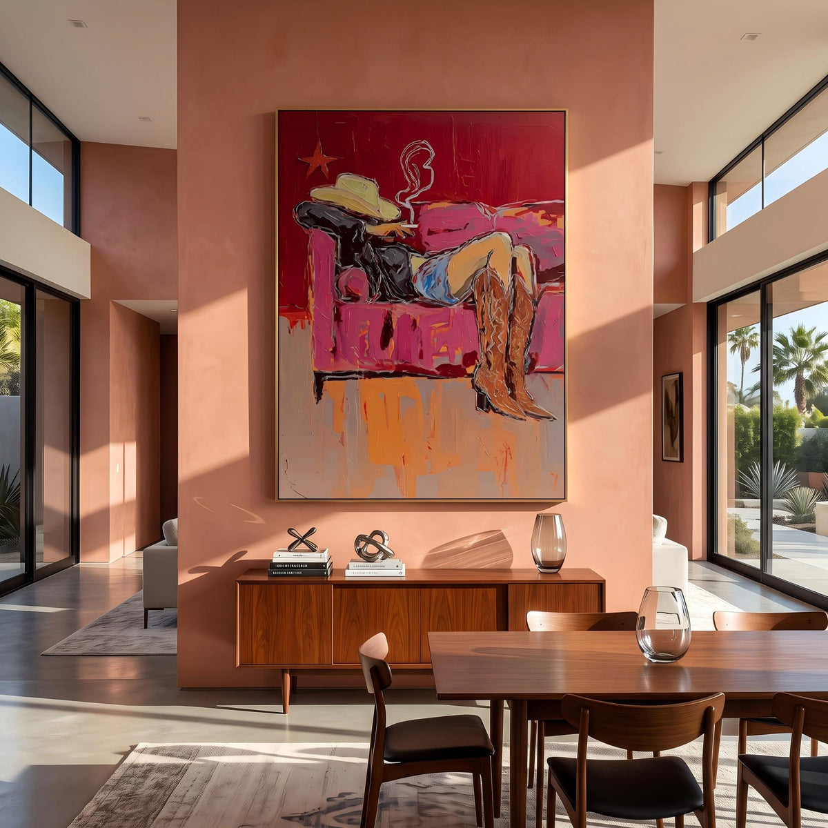 "Couch Western Cowgirl" - Modern Heavy Impasto Western Animal Artwork | Pink Palette Knife Painting | Luxury Vertical Wall Art #PT 2653